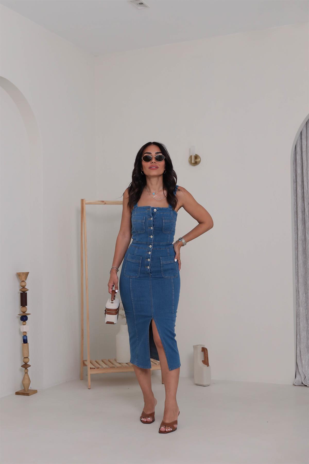7237 Ön Yırtmaç Detaylı Kalın Askılı Jean Elbise MAVİ