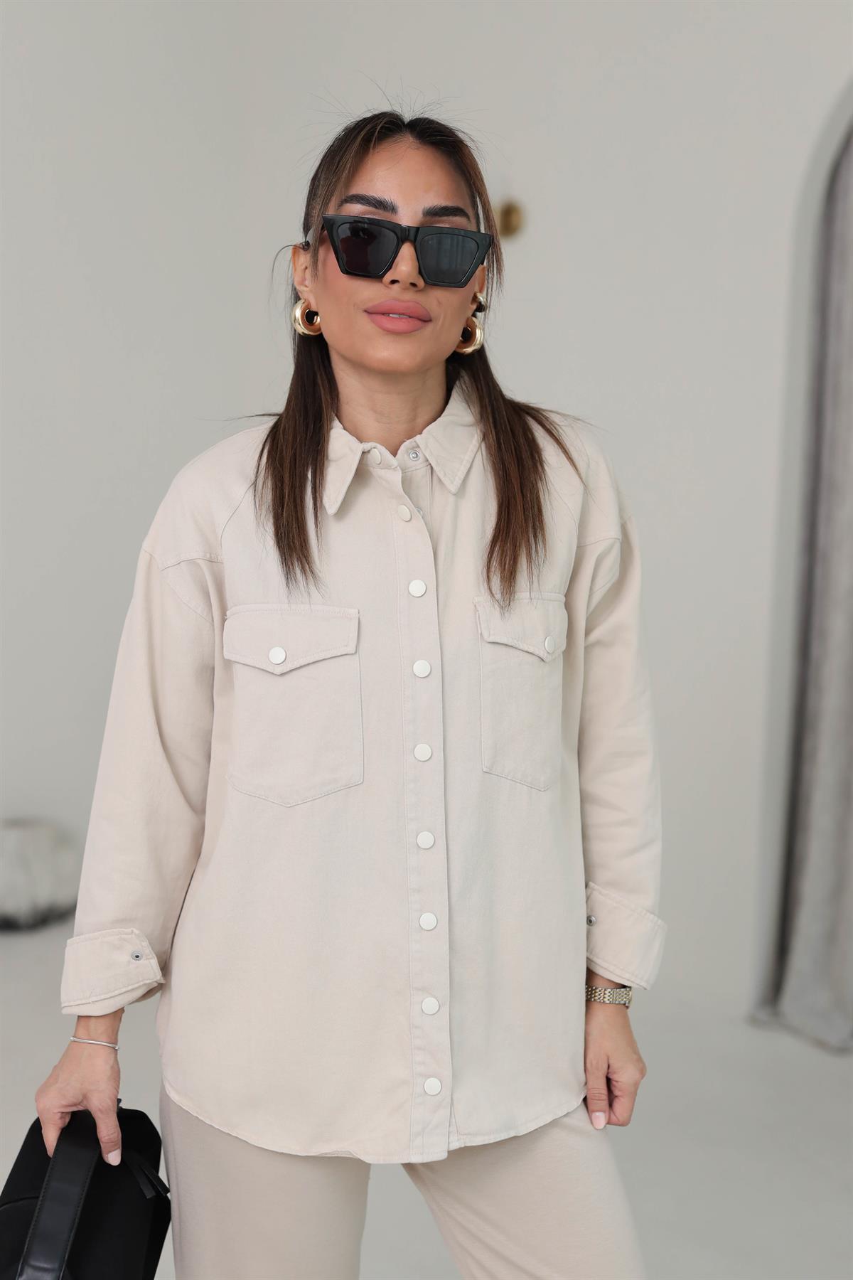 1344 Cep Kapaklı Gabardin Gömlek TAŞ