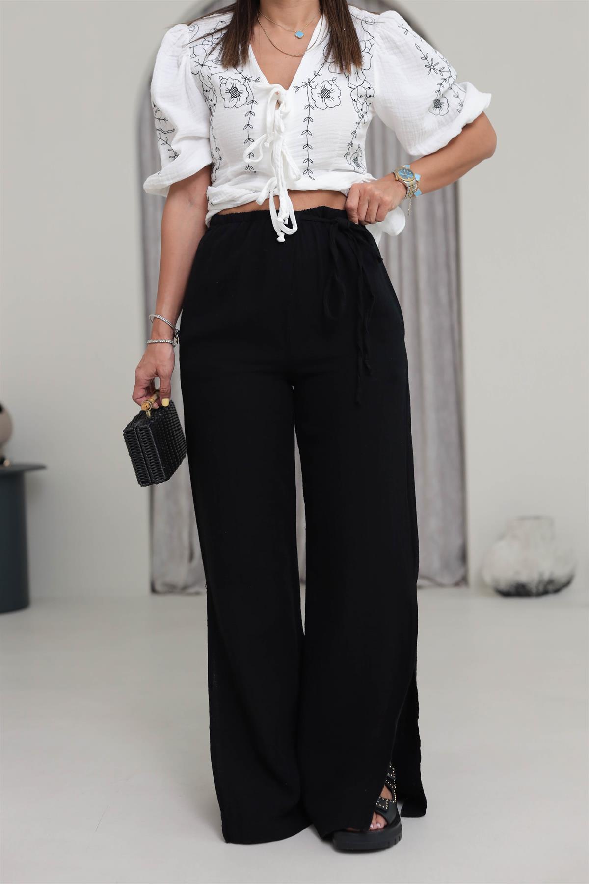 8028 Paça Yırtmaçlı Müslin Pantolon SİYAH