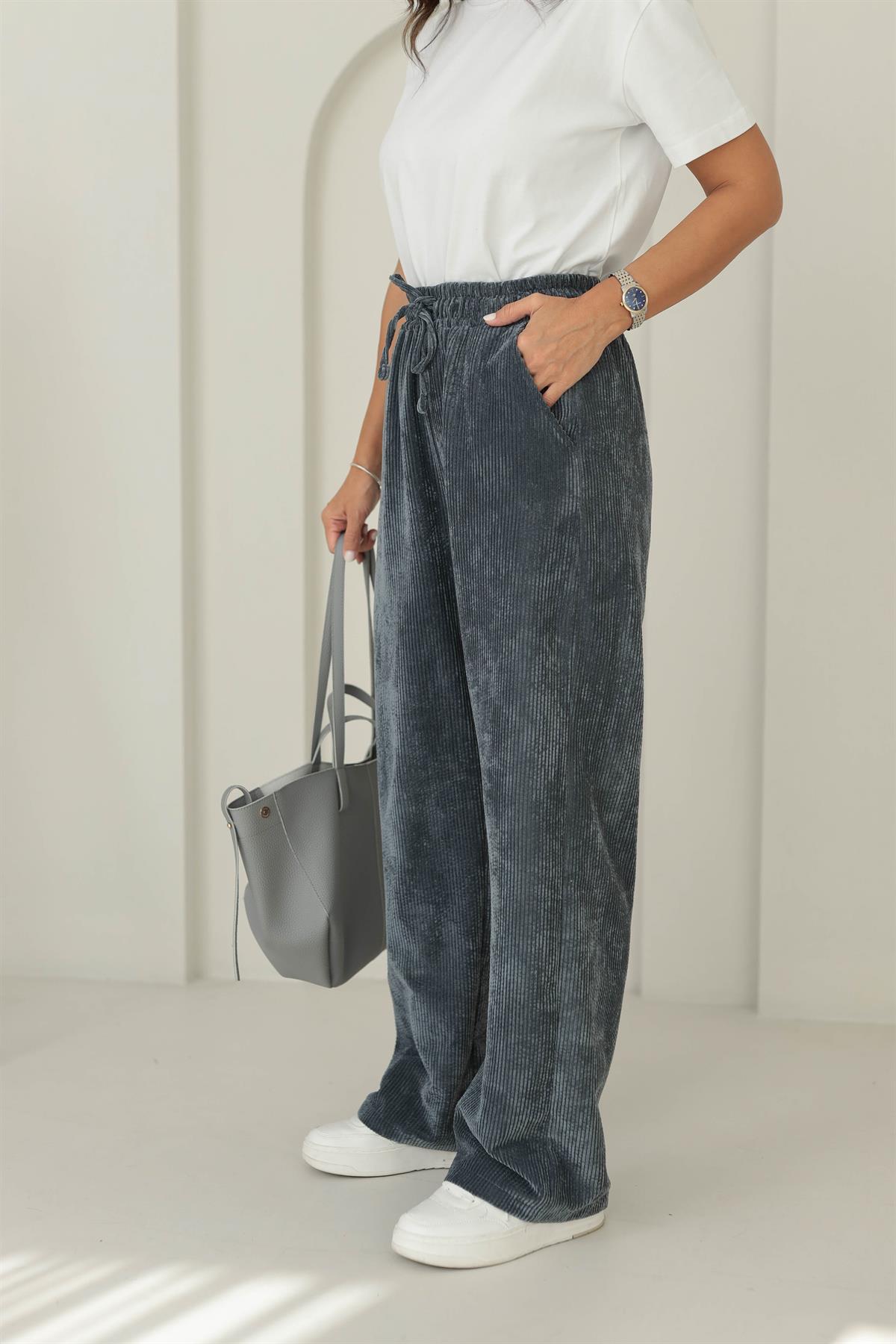 1211 Bol Kalıp Bel Lastikli Kadife Pantolon ANTRASİT