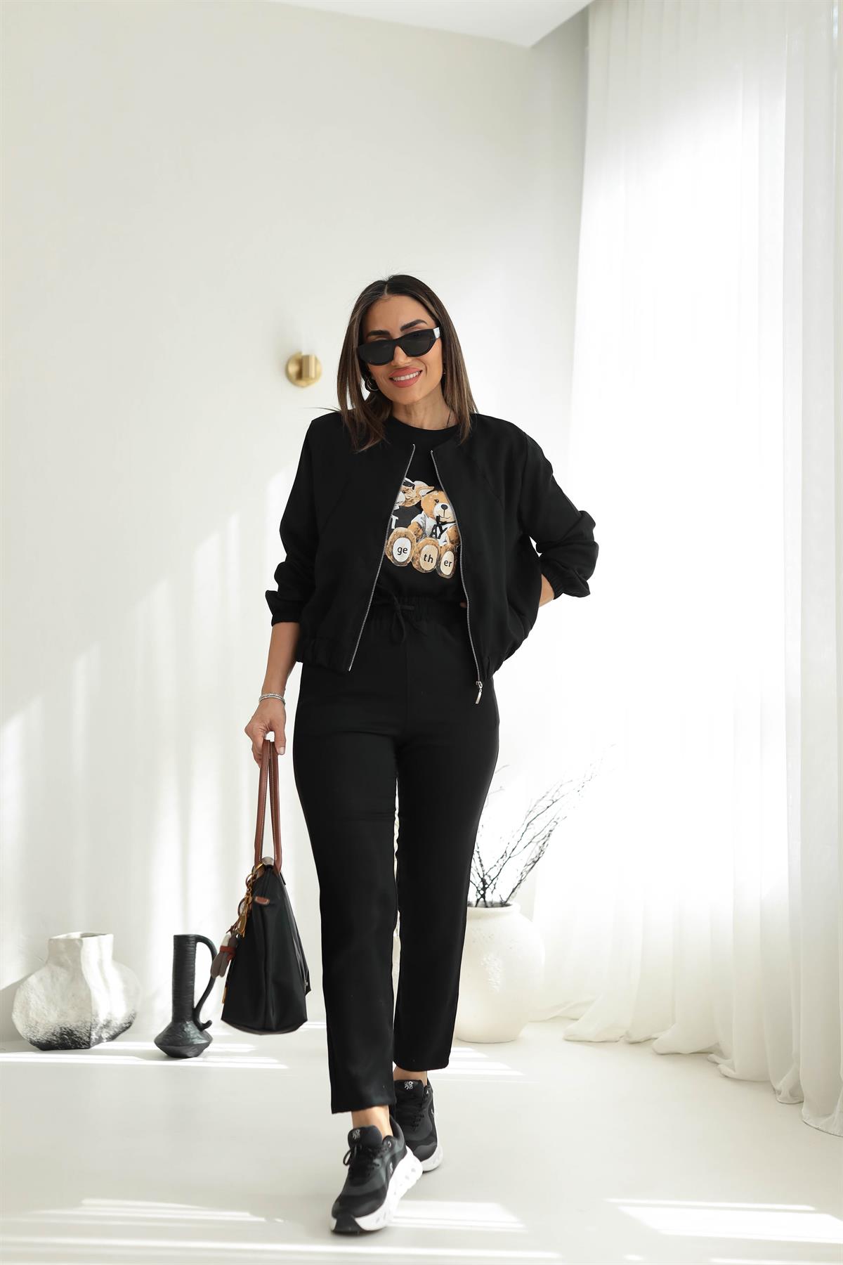 3193 Fermuar Ve Önü Lastik Detaylı Tencel Kumaş Takım SİYAH