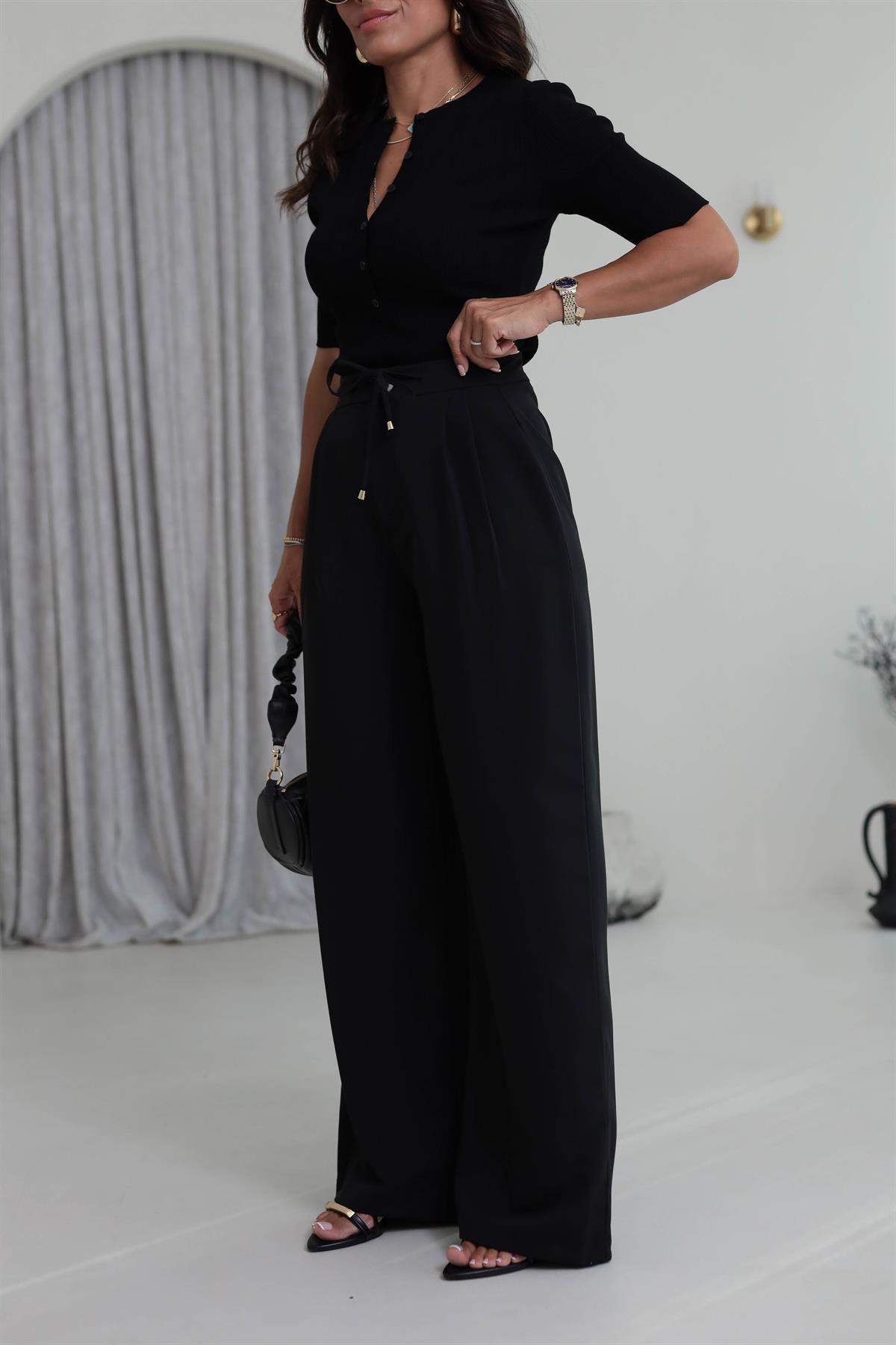 1212 Bağcık Detay Pileli Palazzo Pantolon SİYAH