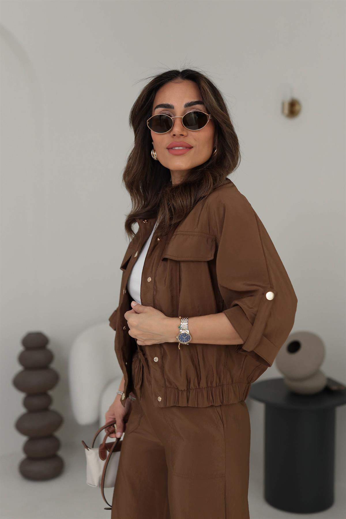 7013 Gold Düğme Detaylı Mevsimlik Ceket KAHVE