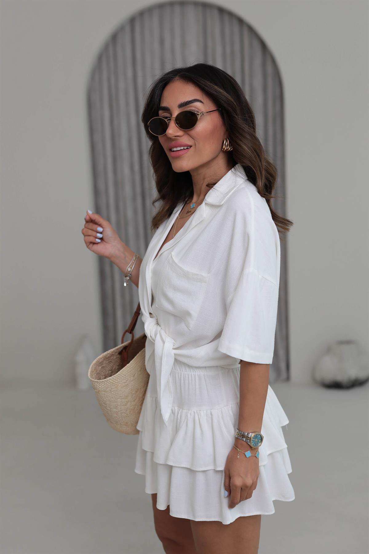 0478 Keten Bağlama Detay KatKat Etekli Takım EKRU