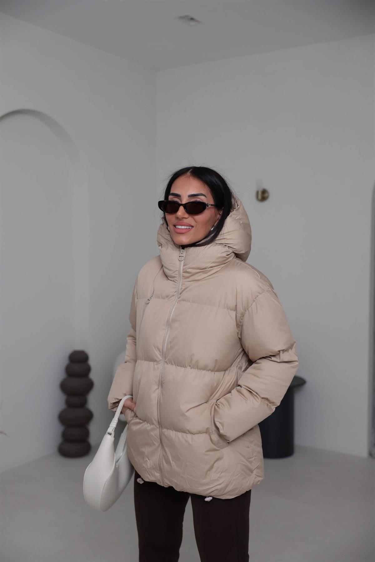 2158 Fermuar Cep Detaylı Şişme Mont BEJ