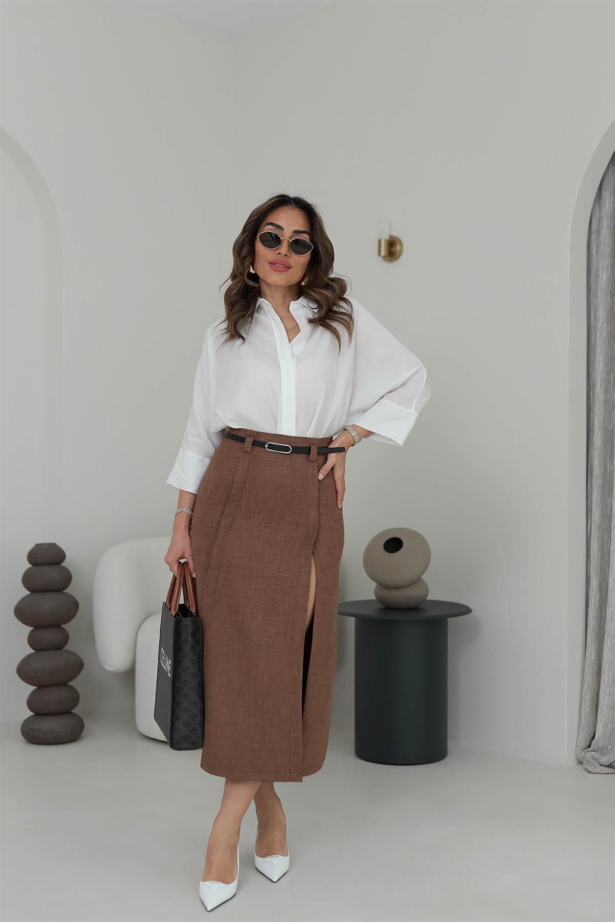 3440 Yarasa Kol Gizli Düğme Detaylı Rahat Gömlek BEYAZ