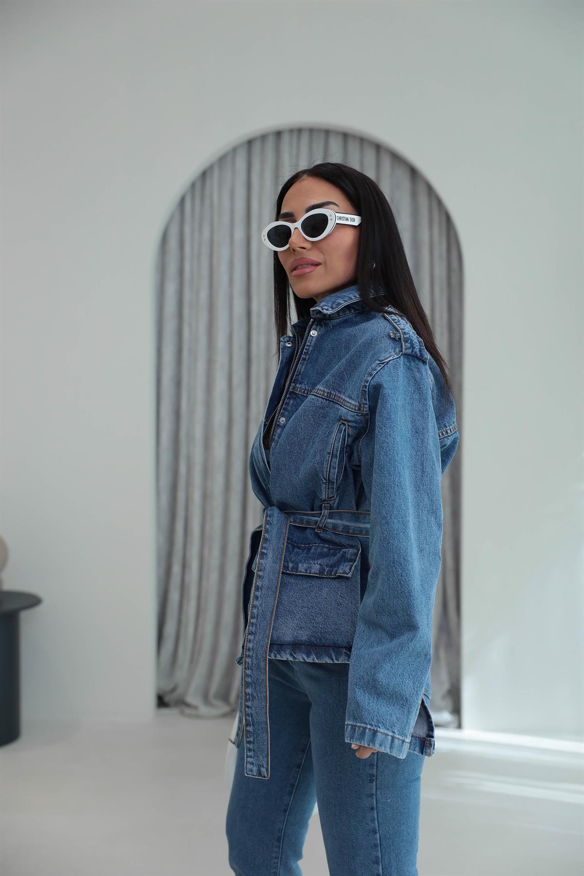 0568 Apoletli Kuşaklı Denim Ceket MAVİ