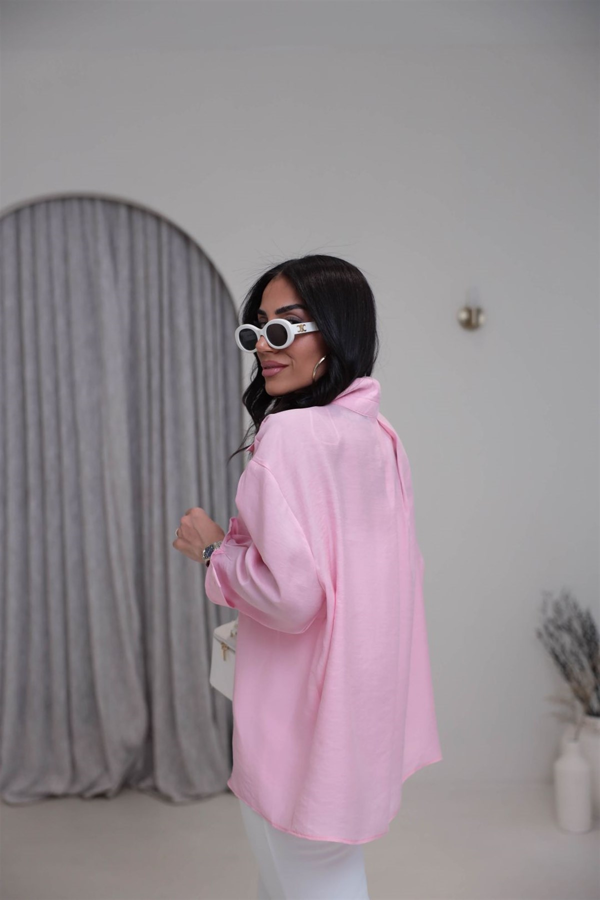 4612Y Tencel Omzu Düşük Oversize Gömlek ŞEKER PEMBE