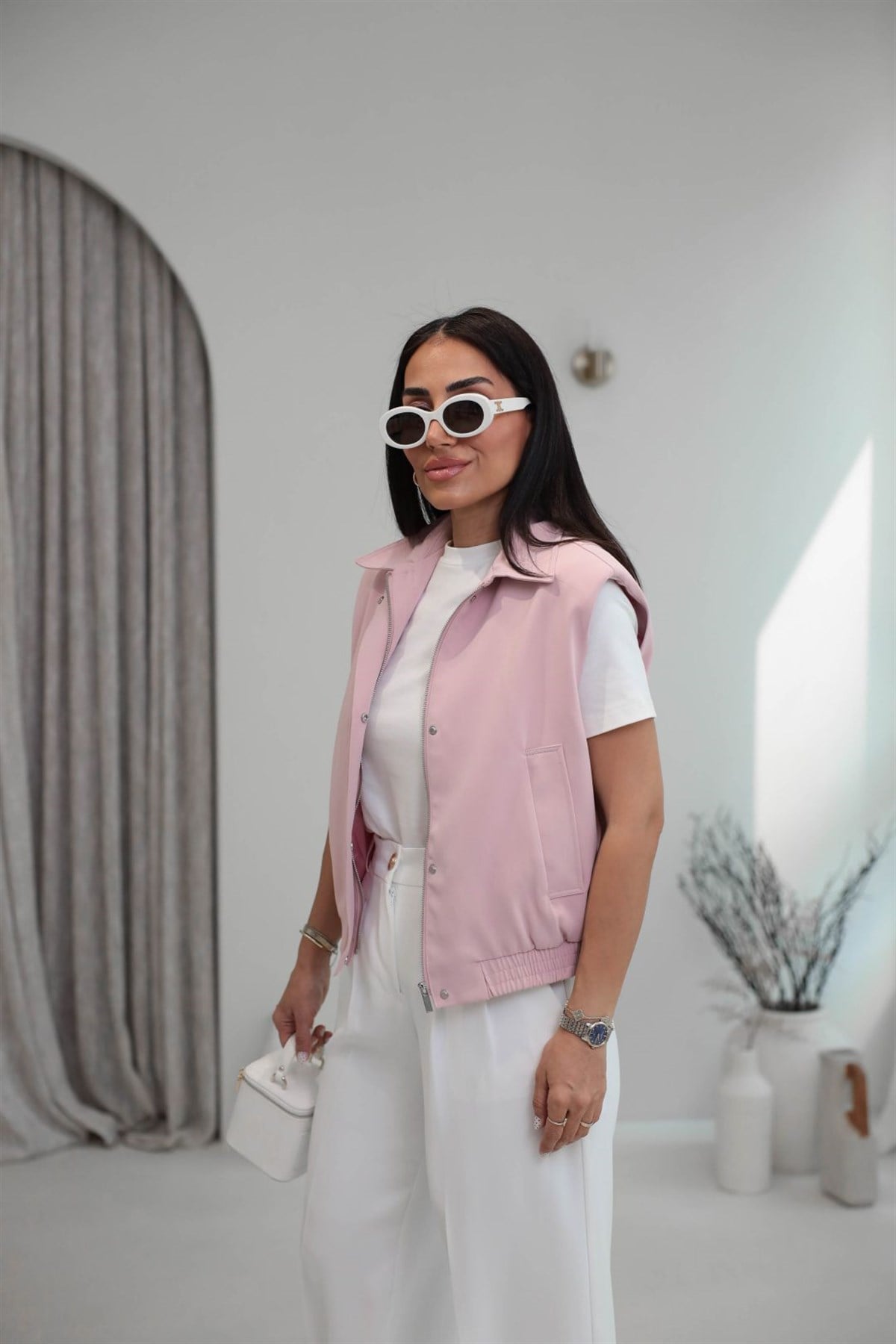 7560 Bel Lastikli Gizli Fermuarlı Modern Kesim Yelek PUDRA