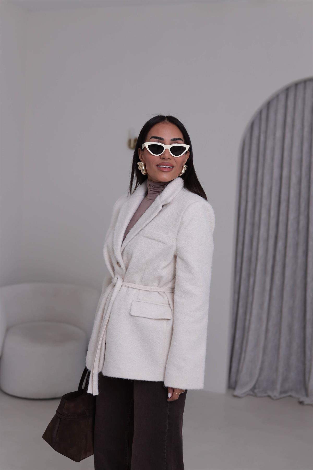 7368 Kuşak Detaylı Blazer Kaşe Ceket EKRU