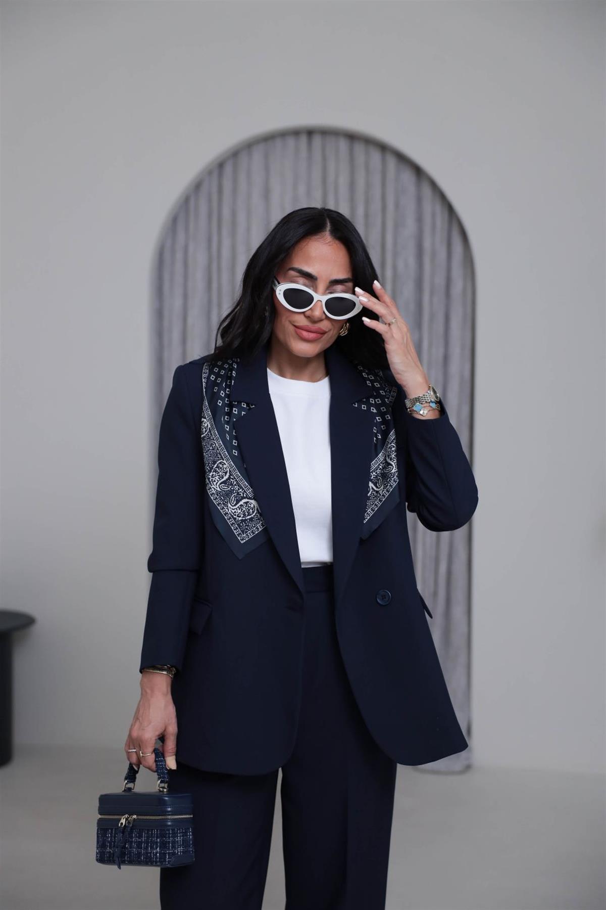 7665 Fular Detaylı Blazer Ceket LACİVERT