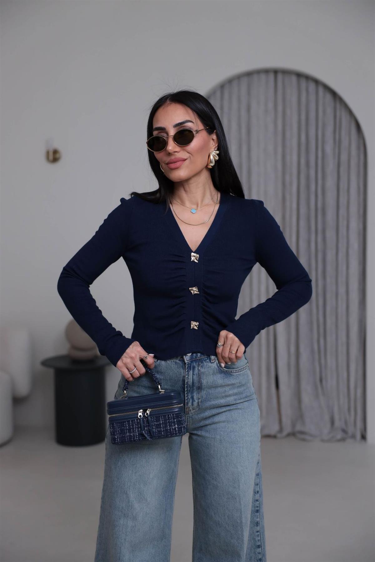 0805 Önü Büzgülü Düğme Detaylı Korsman Triko LACİVERT