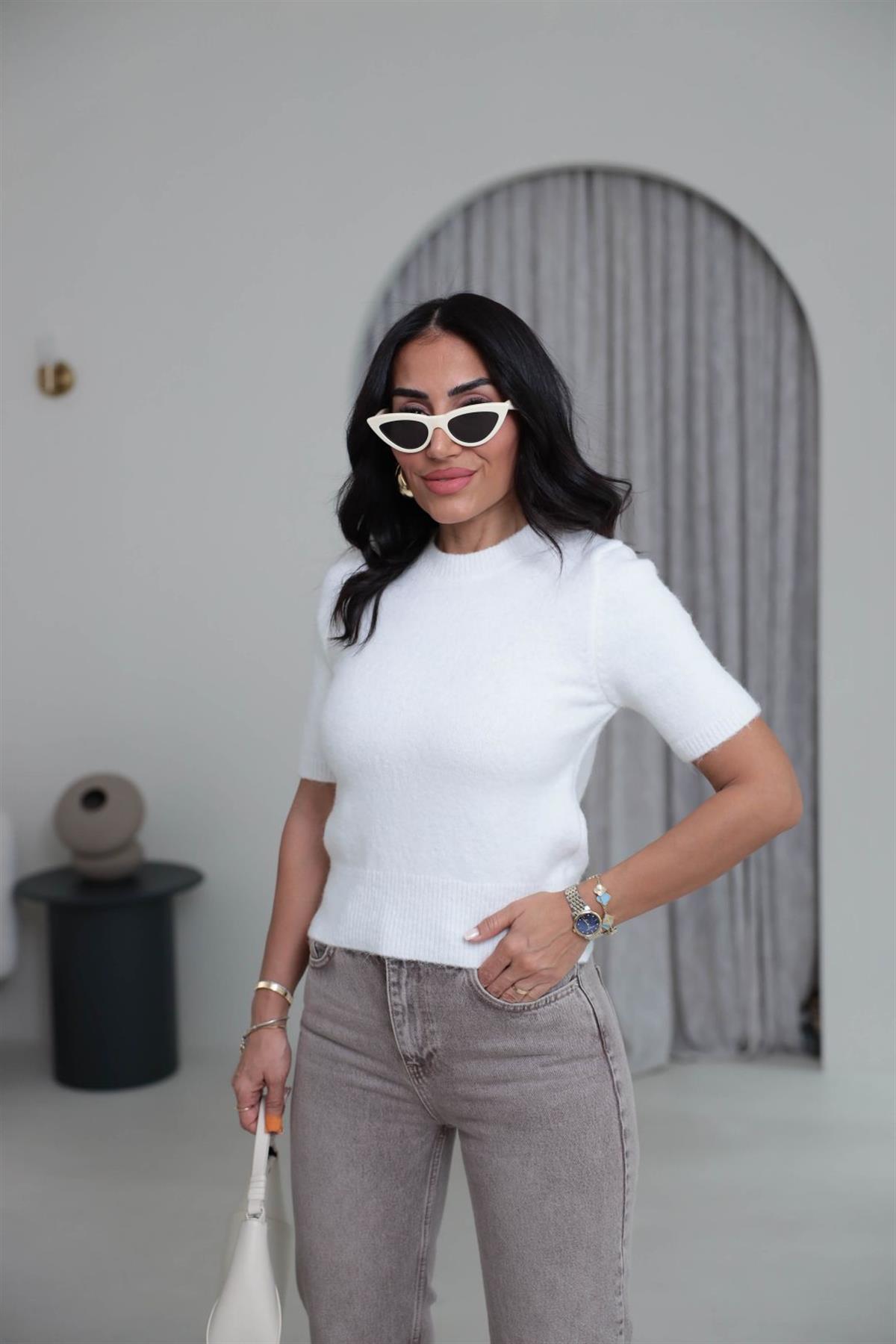 4767 Bisiklet Yaka Kısa Kol Triko Bluz EKRU