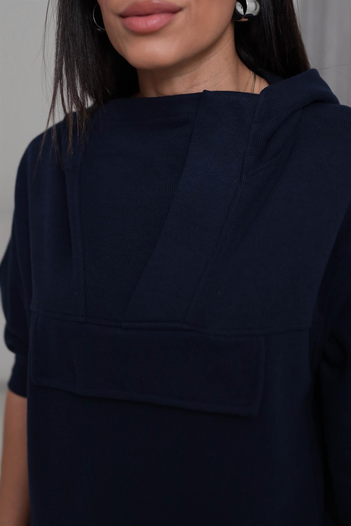 1750 Yaka Detay Selanik Kapşonlu Sweatshirt LACİVERT