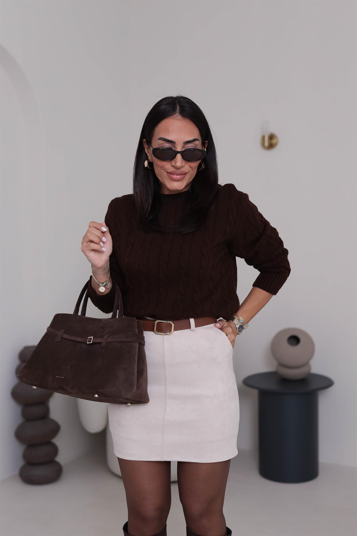 0093 Kemerli Mini Süet Etek TAŞ