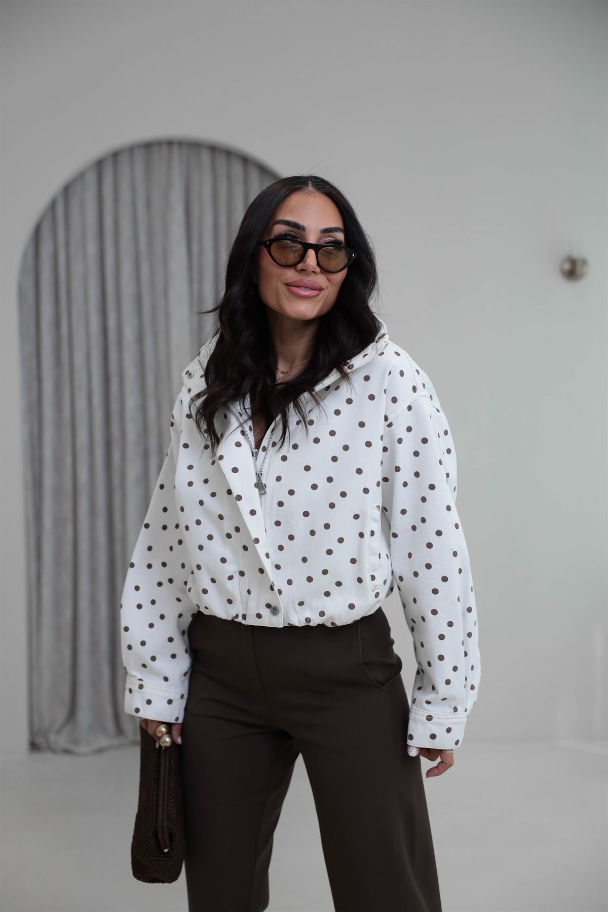 0967 Puantiyeli Önden Fermuarlı Bomber Ceket KAHVE