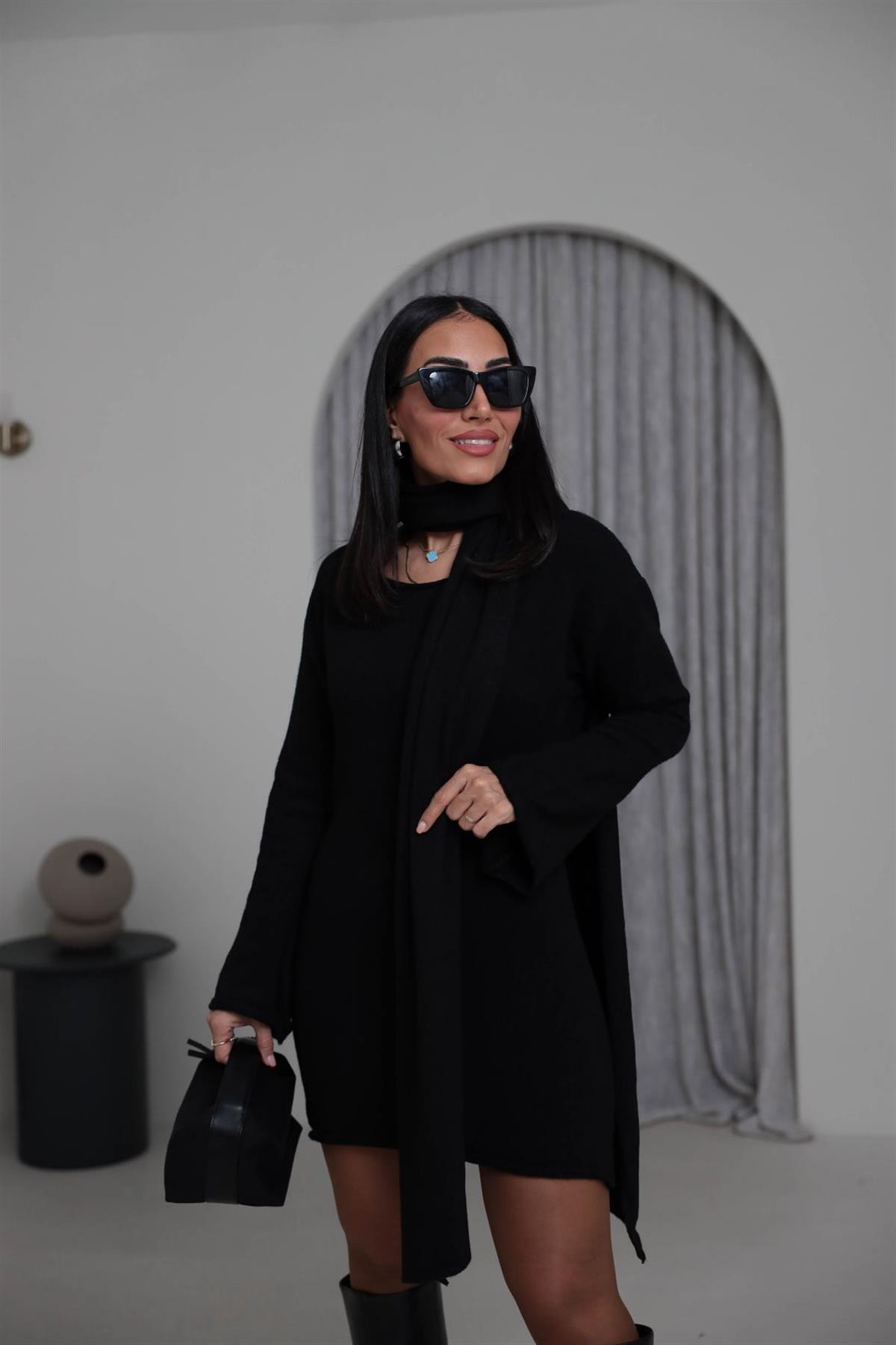 5251 Kayık Yaka Şallı Tunik SİYAH