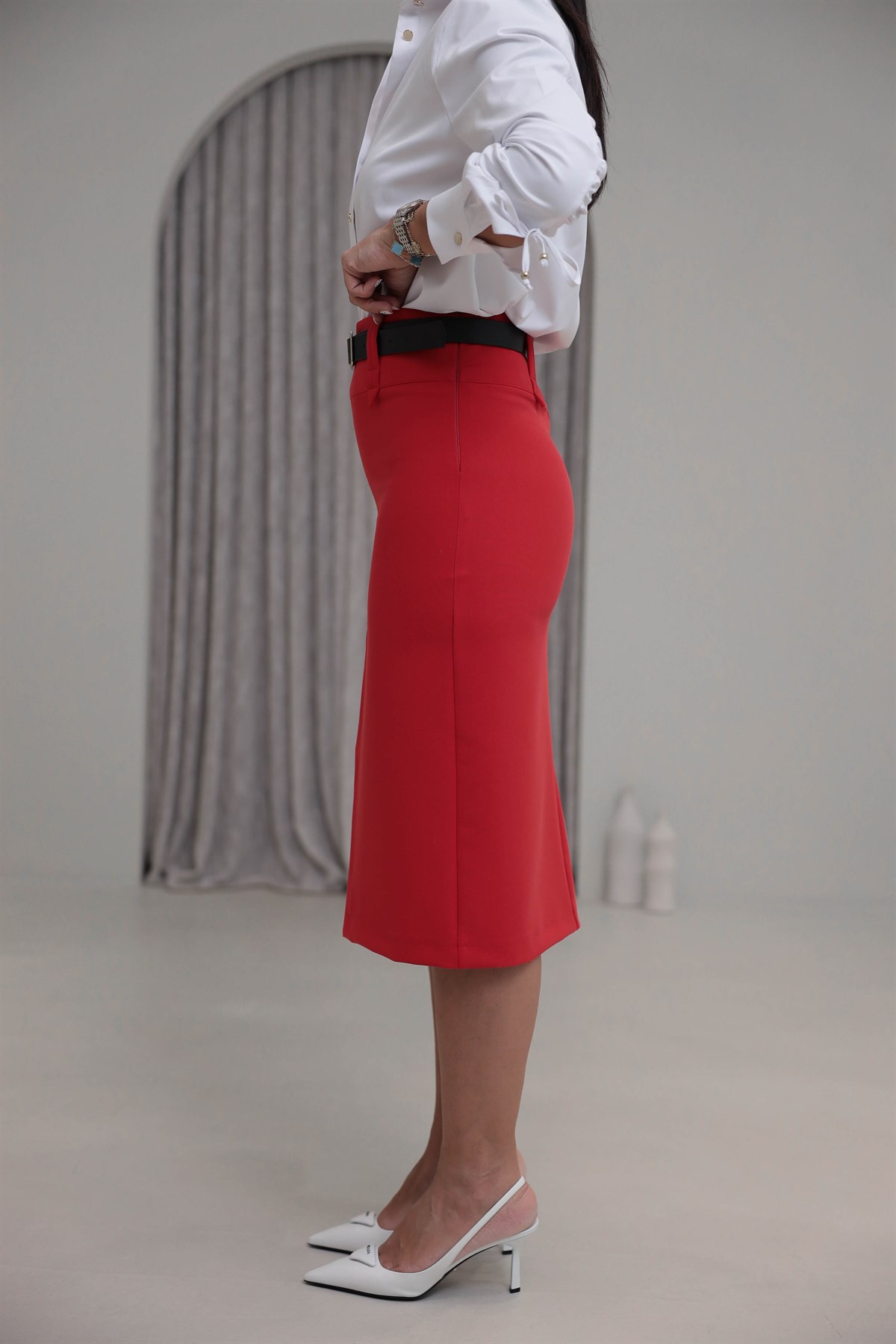 7607 Ön Yırtmaçlı Kalem Etek KIRMIZI