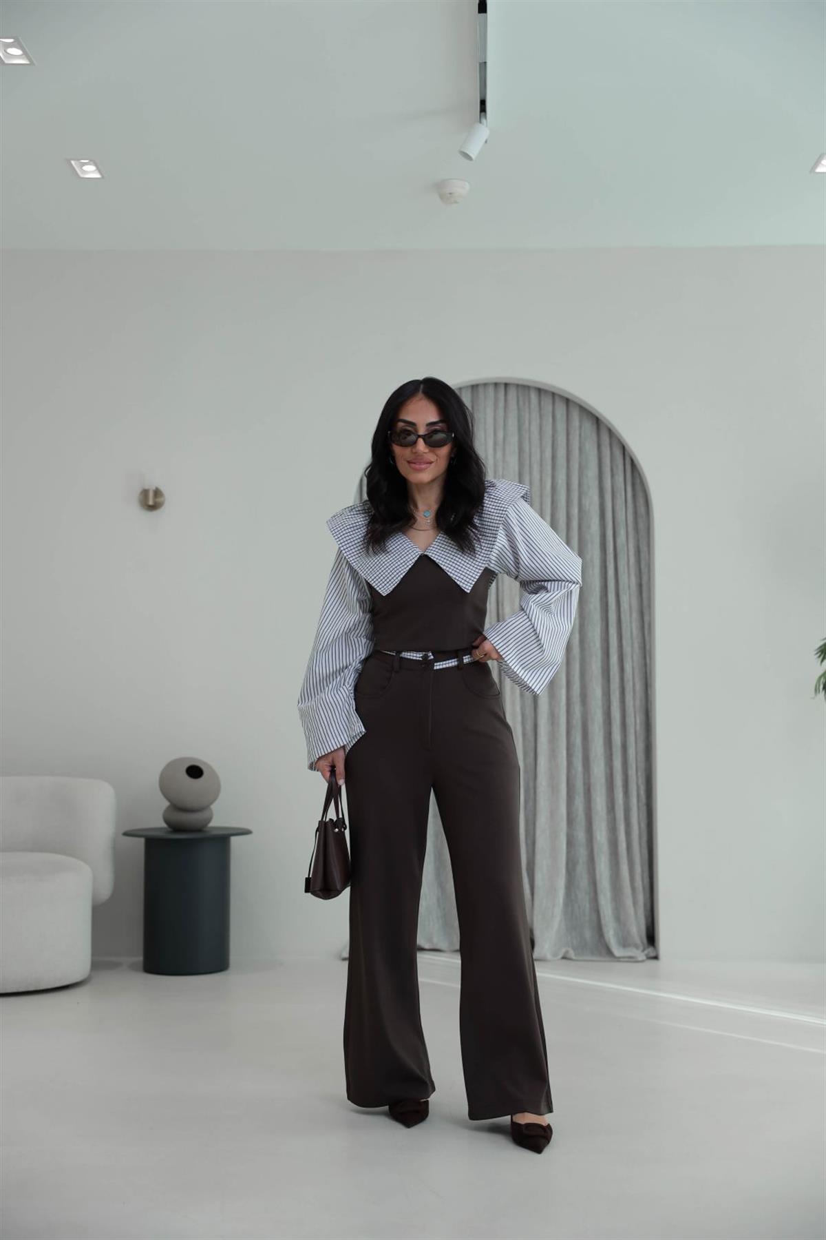 0675 Anime Poplin Yaka Modal Kumaş Takım ACI KAHVE