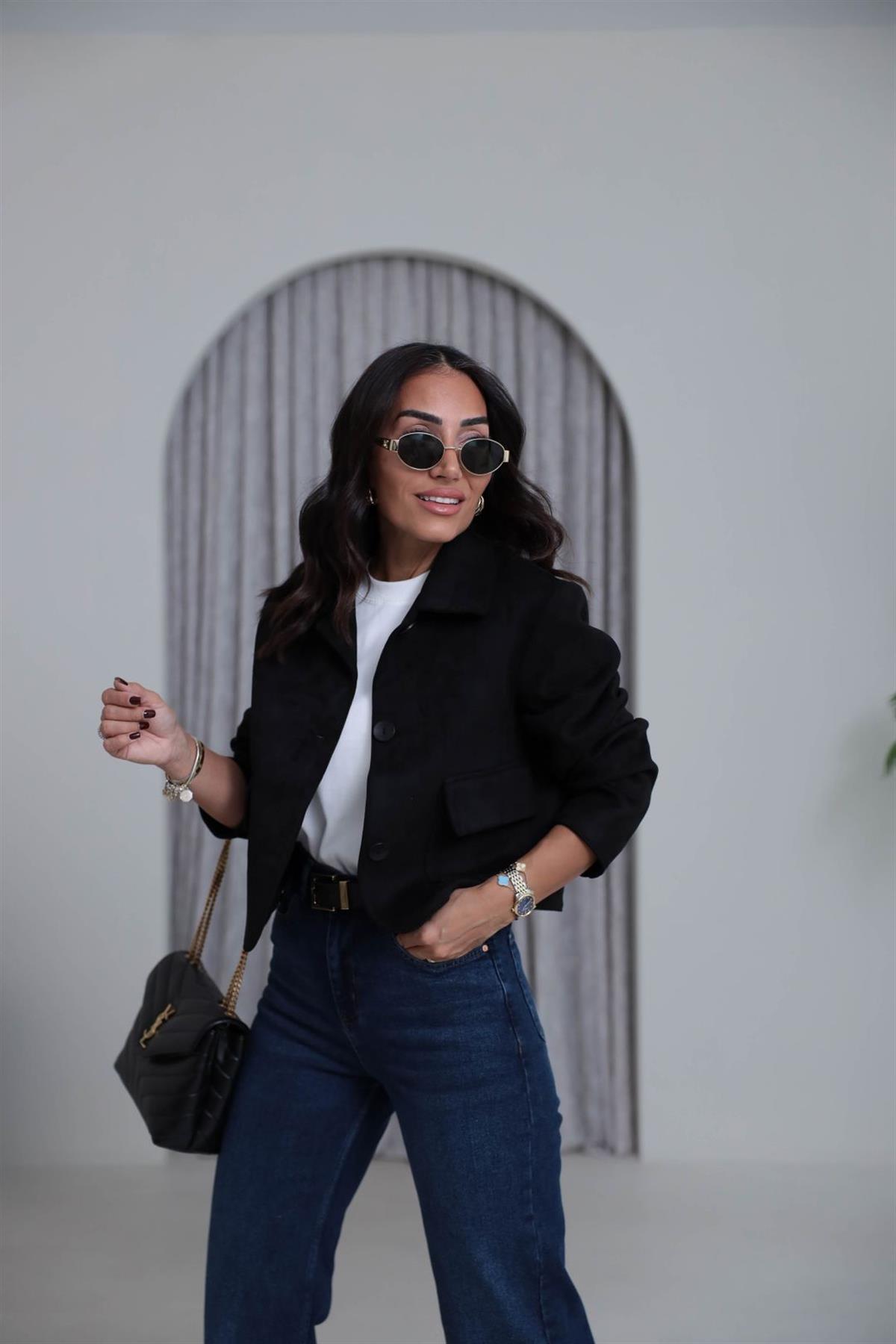 0208  Cep Detaylı Kısa Süet Ceket SİYAH