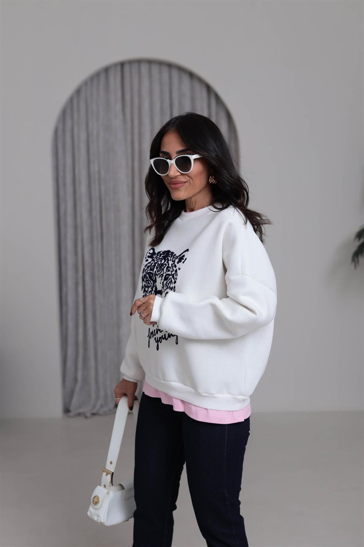 0612 Leopar Baskılı Şardonlu Garnili Sweatshirt BEYAZ