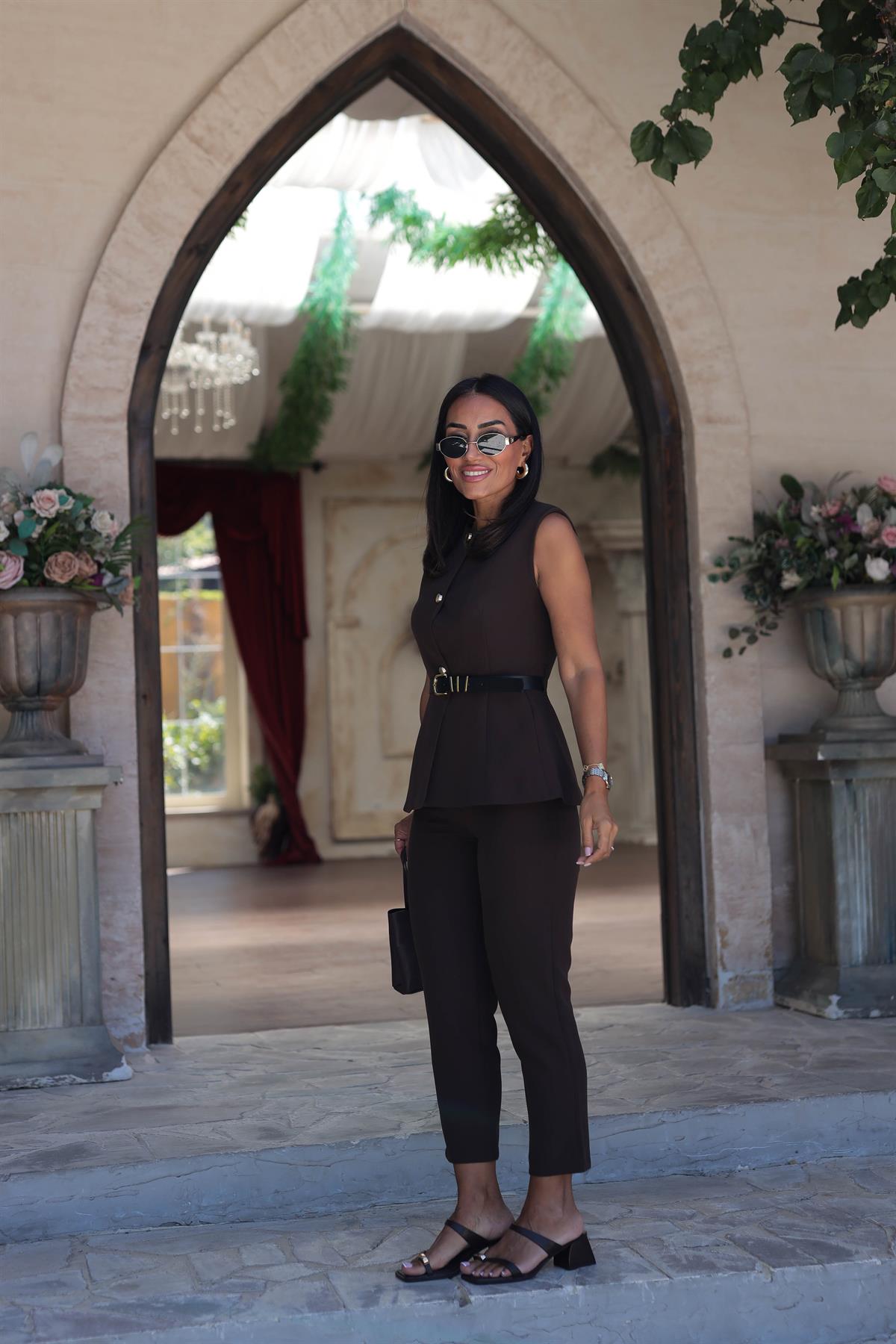 7195 Kemerli Yelekli Double Takım KAHVE