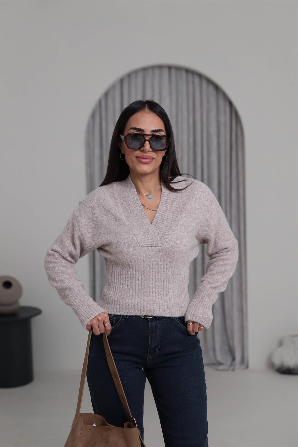 5080 Yaka Detaylı Yumoş Triko TAŞ