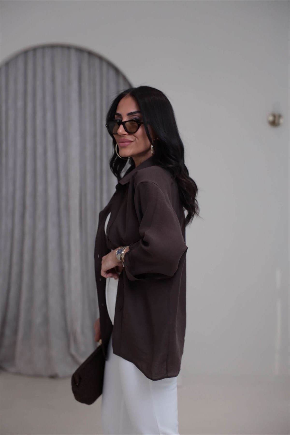 4612Y Tencel Omzu Düşük Oversize Gömlek KAHVE