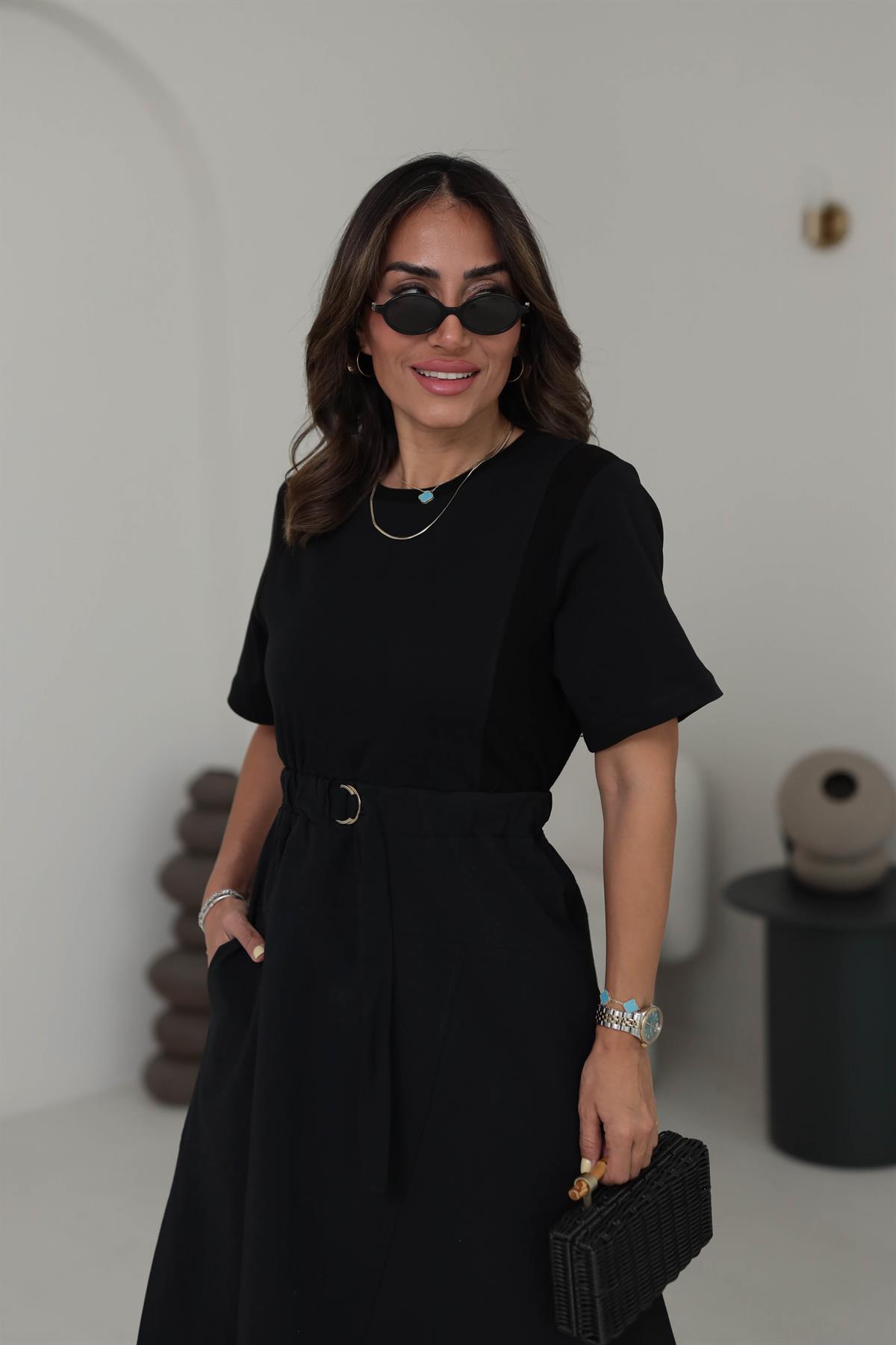 0347 D Toka Kemerli Garnili Elbise SİYAH