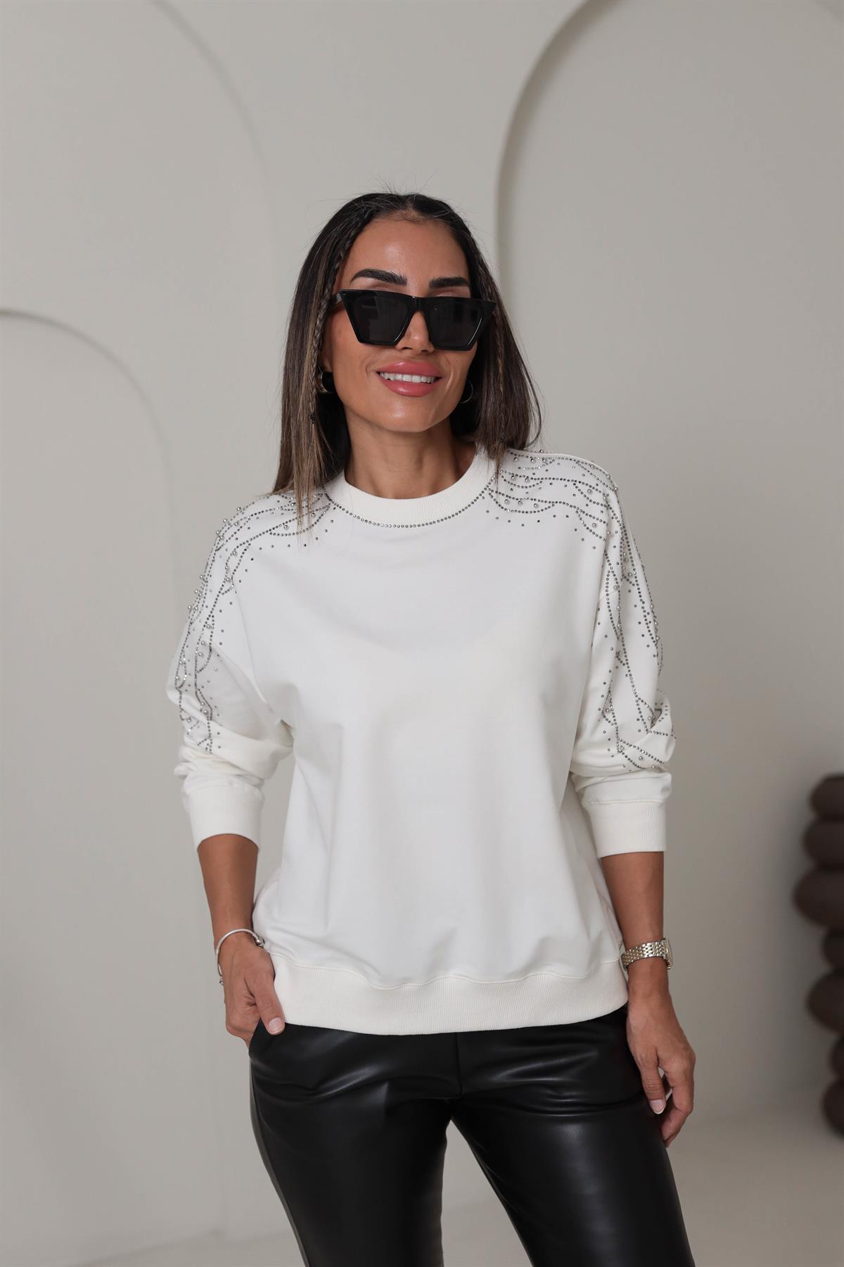 5305 Kolları Taş İşlemeli Sweatshirt