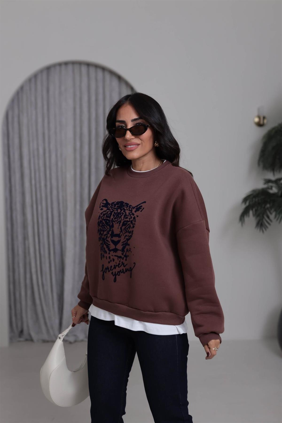 0612 Leopar Baskılı Şardonlu Garnili Sweatshirt KAHVE