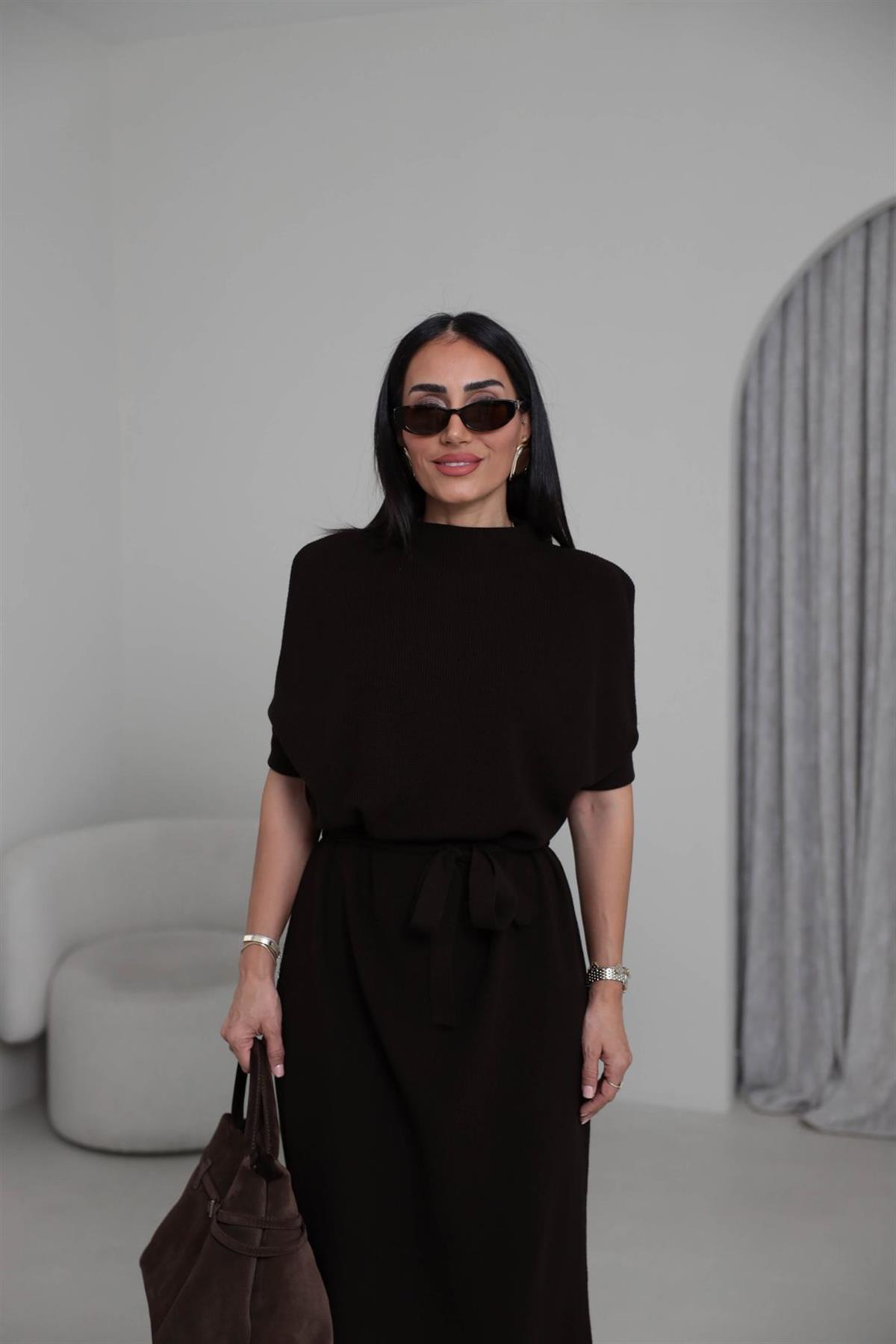 5265 Dik Yaka Kuşaklı Triko Elbise KOYU KAHVE