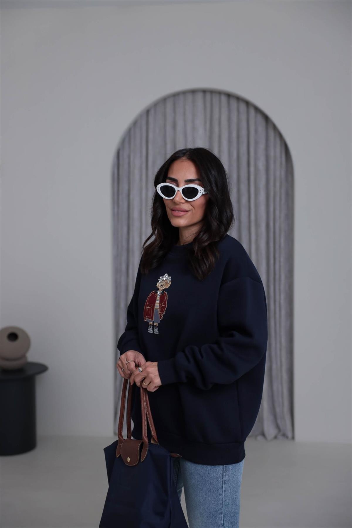 6910 Taşlı Aplikeli Şardonlu Sweatshirt LACİVERT