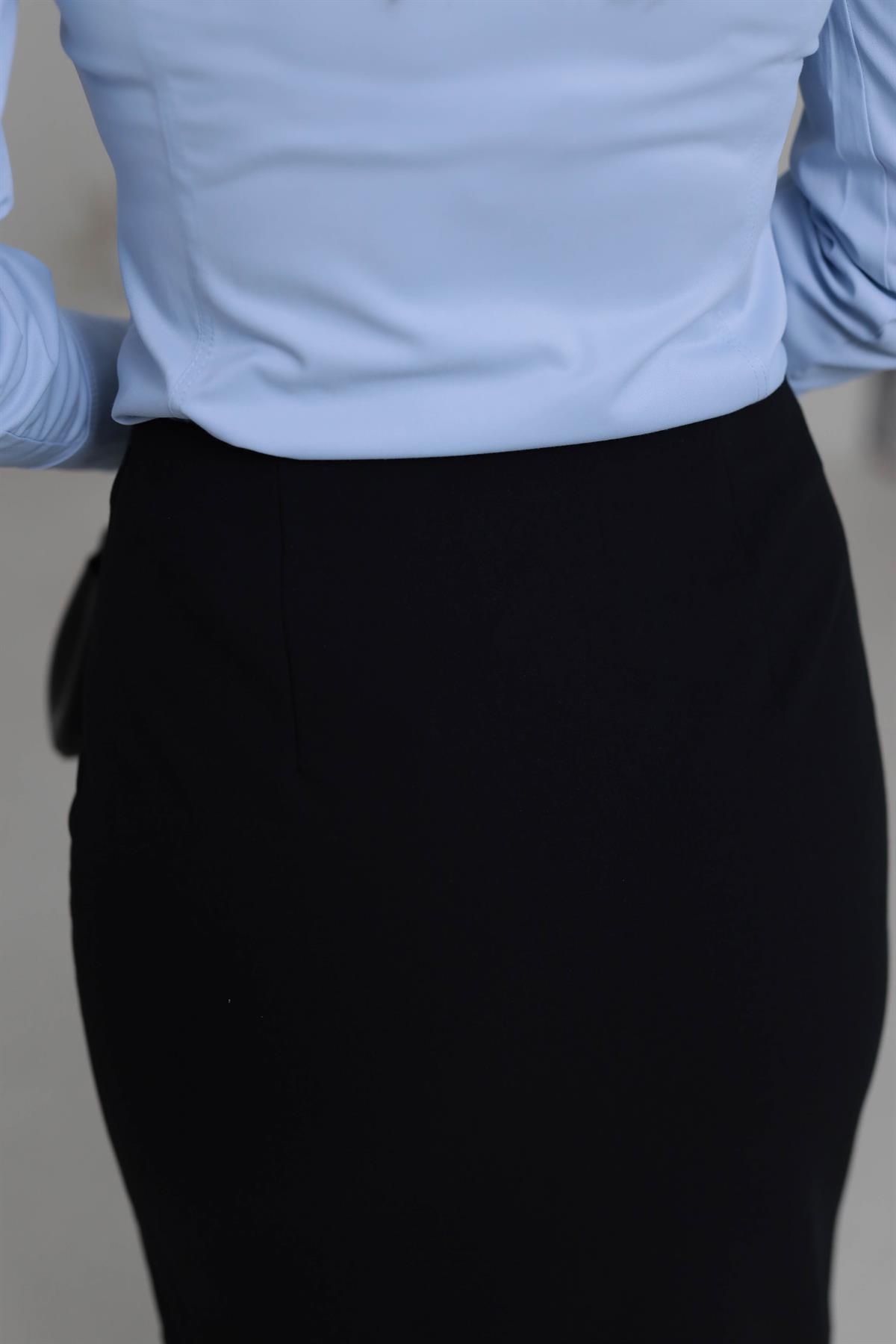 4866K Önden Yırtmaçlı Kalem Etek SİYAH