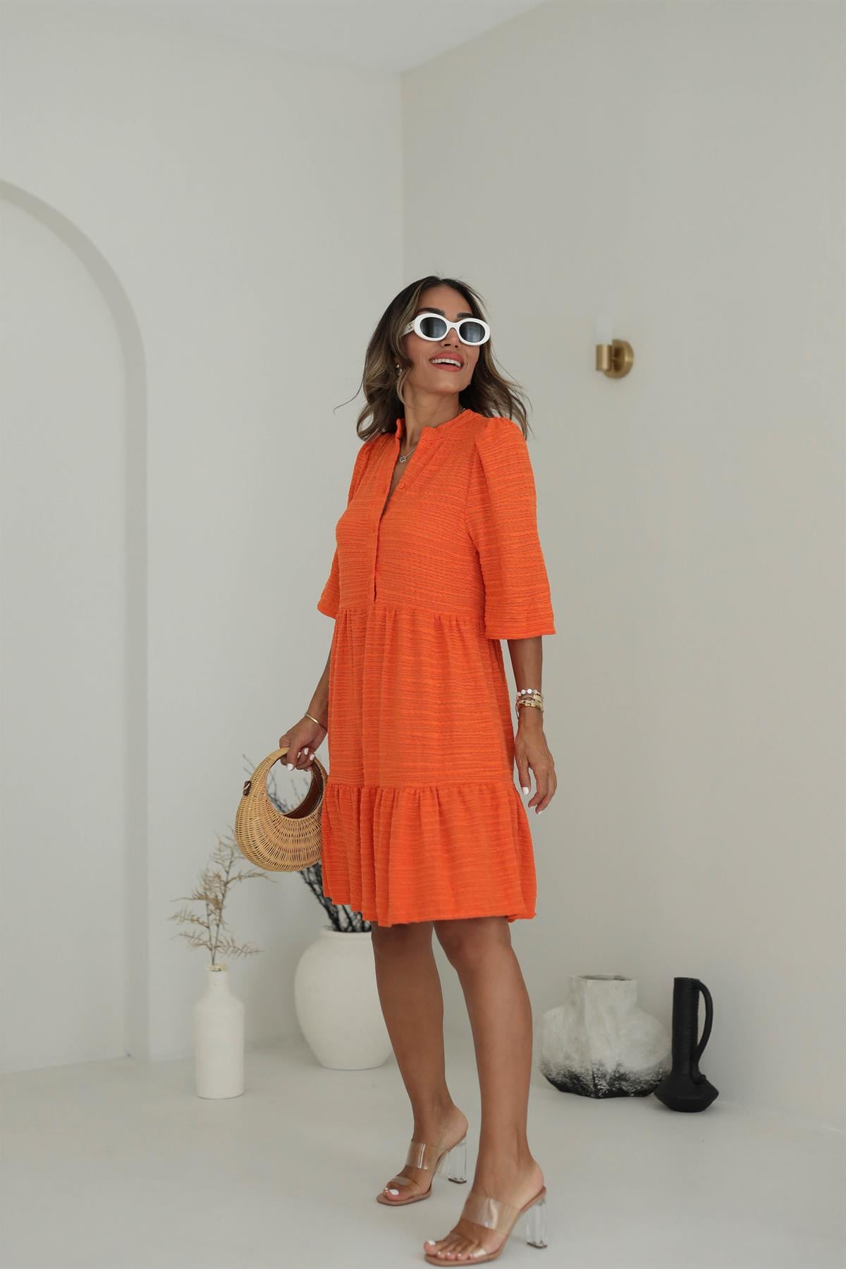 Hakim Yaka Düğme Detaylı Rahat Elbise