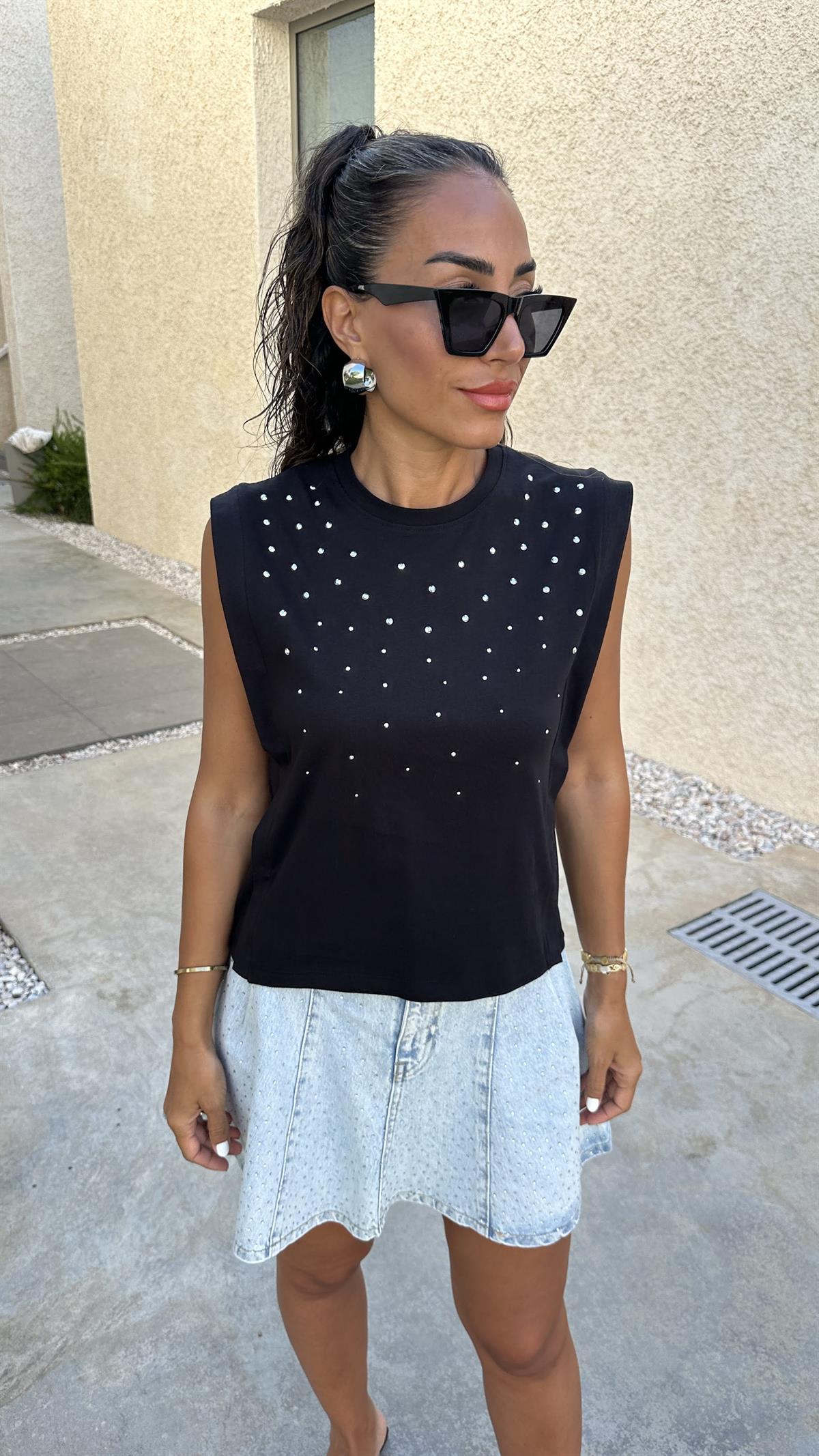 6175 Önü Taşlı Sıfır Kol Tshirt