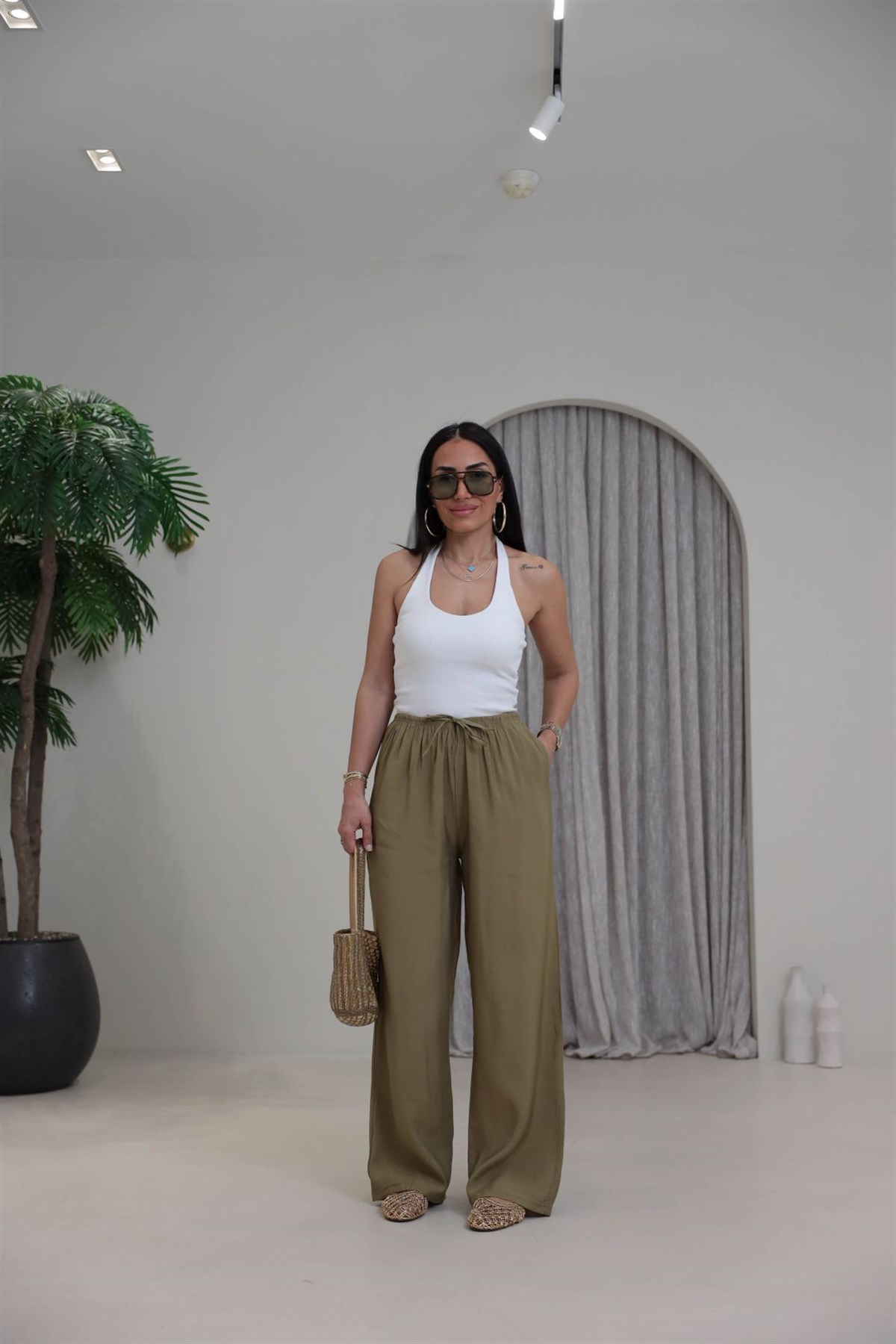 9819 Beli Bağcıklı Cupra Pantolon HAKİ YEŞİL