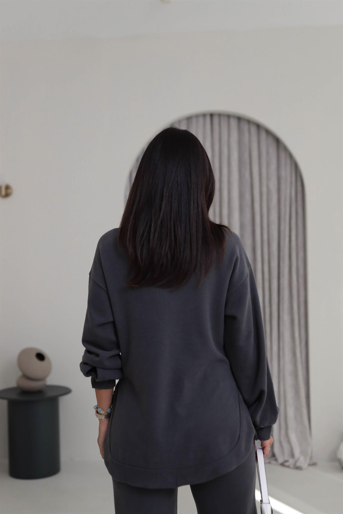 2411 Selanik Polo Yaka Yarım Düğmeli Rahat Takım ANTRASİT