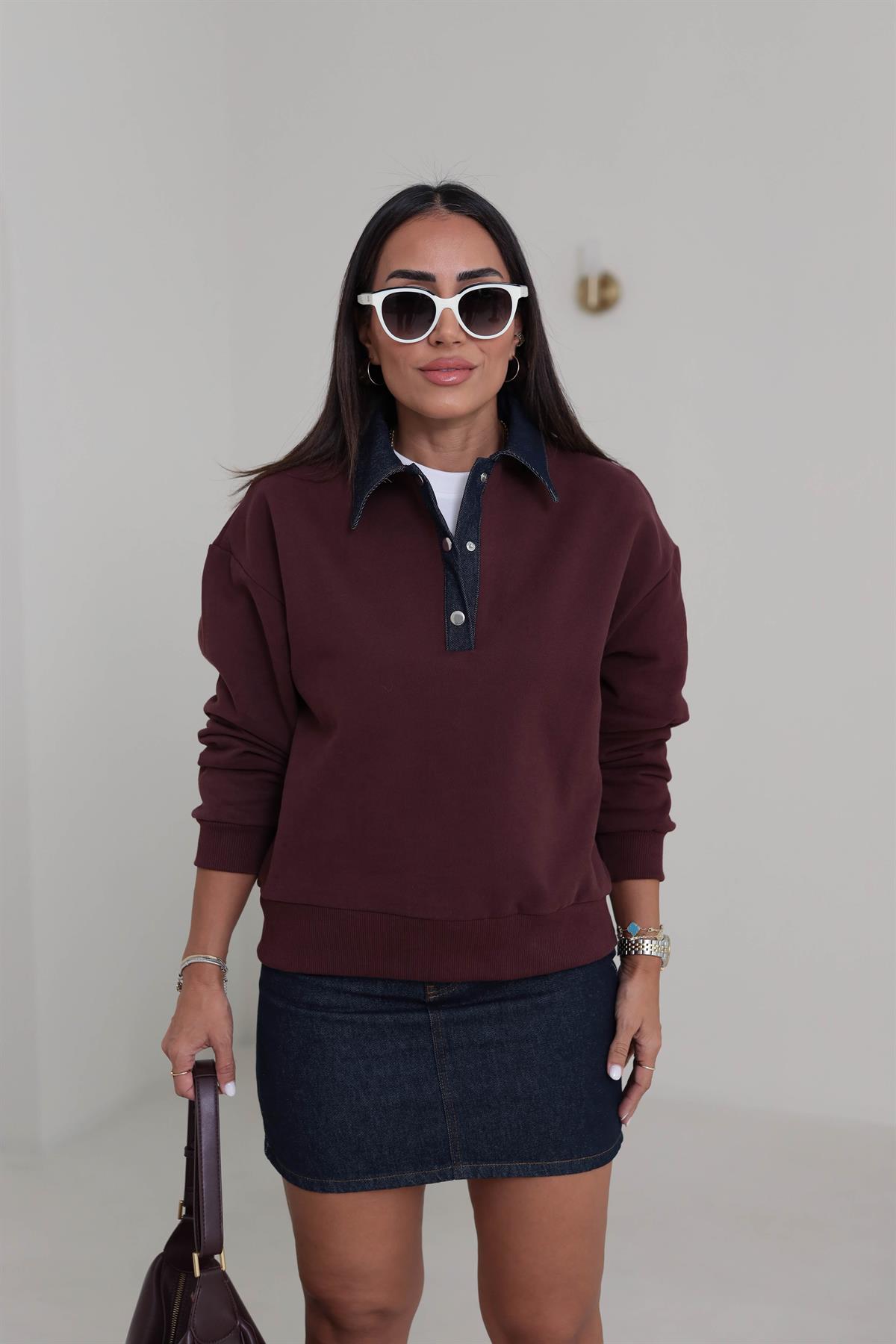 0178 Denim Yaka Tasarım Sweatshirt BORDO