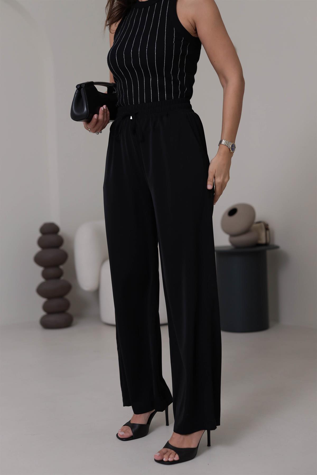 0858 Bel Lastikli Döküm Palazzo Pantolon SİYAH