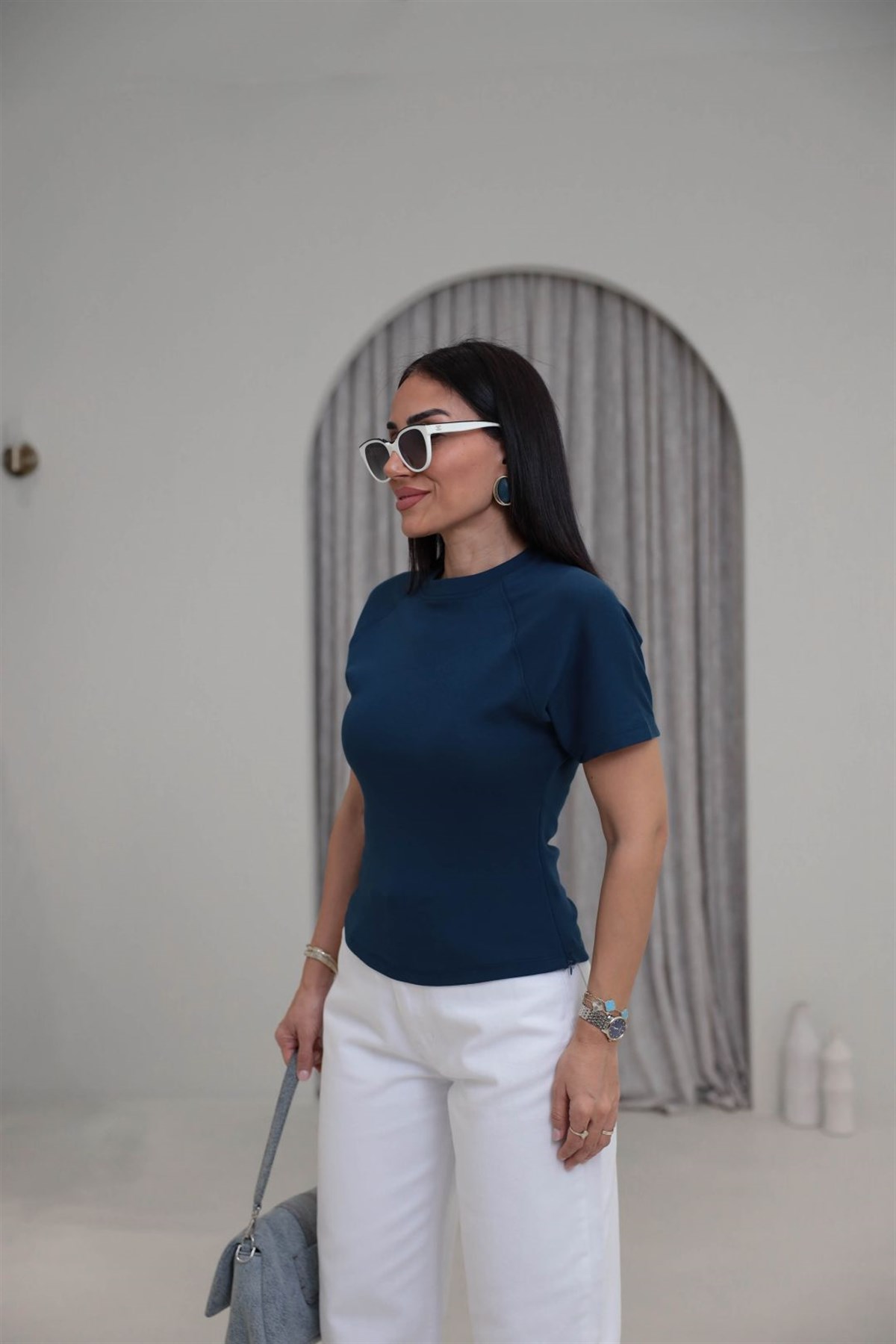 2322 Reglan Kol Yandan Fermuarlı Pamuklu Tshirt Indigo