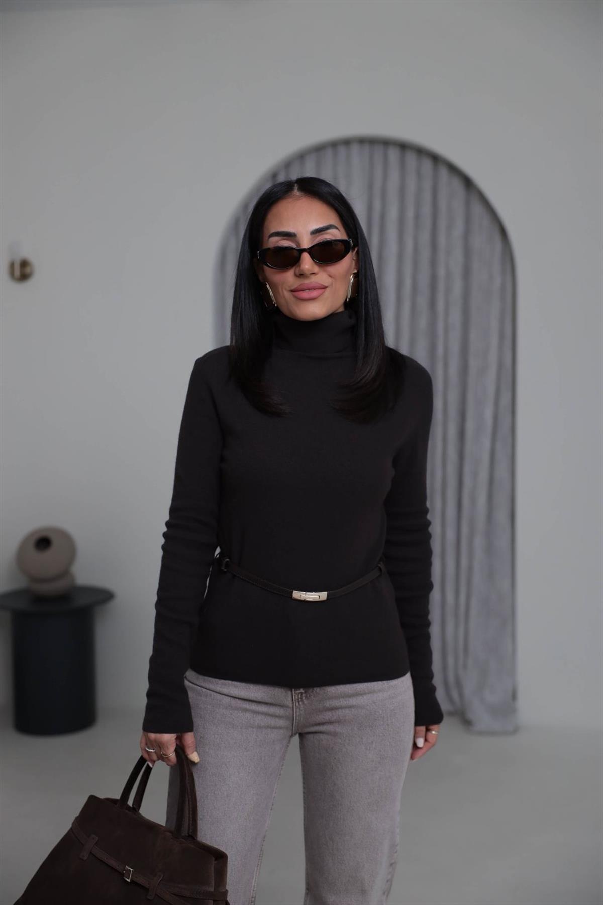 0861 Balıkçı Yaka Kaşmirli Kemerli Kazak KAHVE