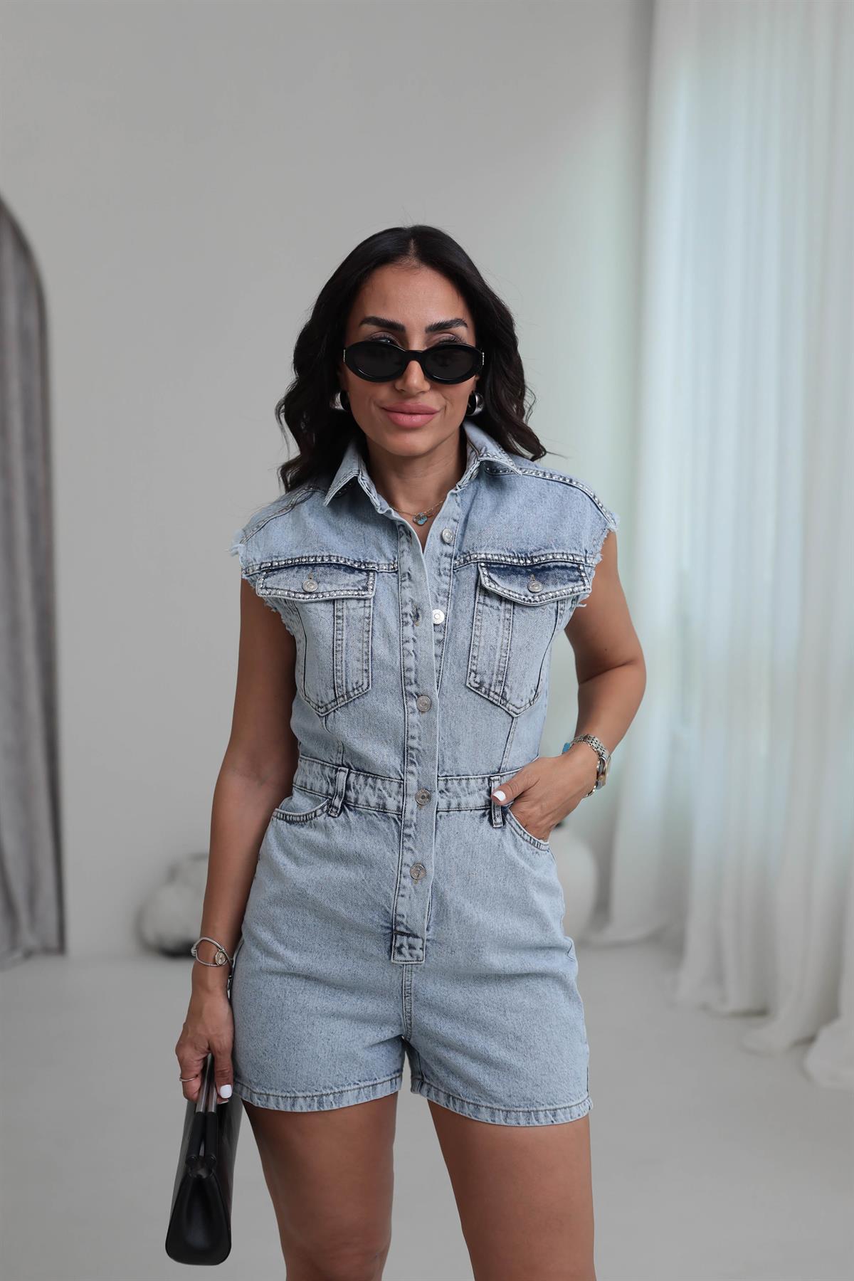 7011 Zımbalı Jean Şort Tulum BUZ MAVİ