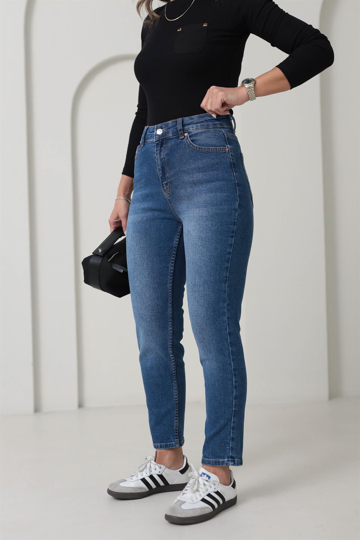 1002 Mom Fit Likralı Jean MAVİ