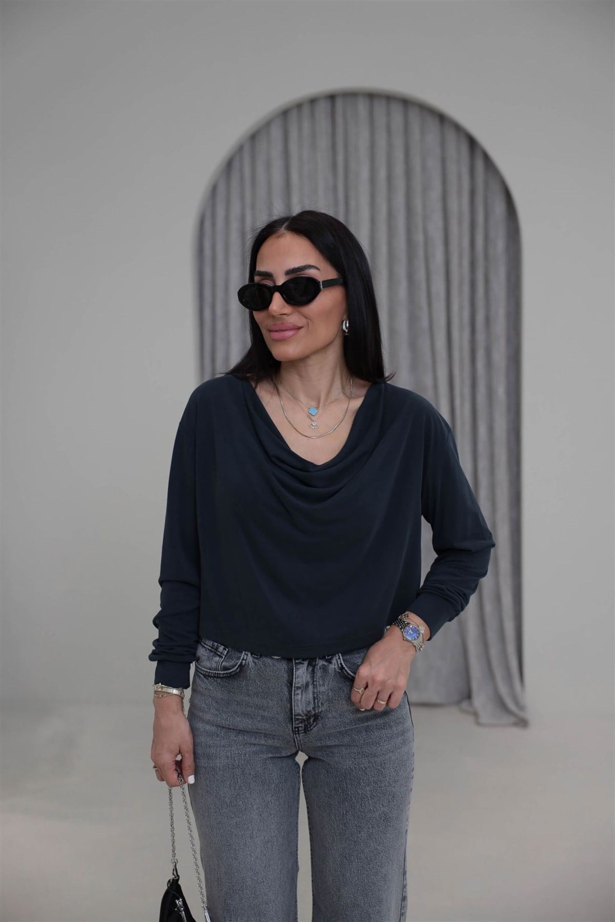 2424 Degaje Yaka Modal Bluz ANTRASİT