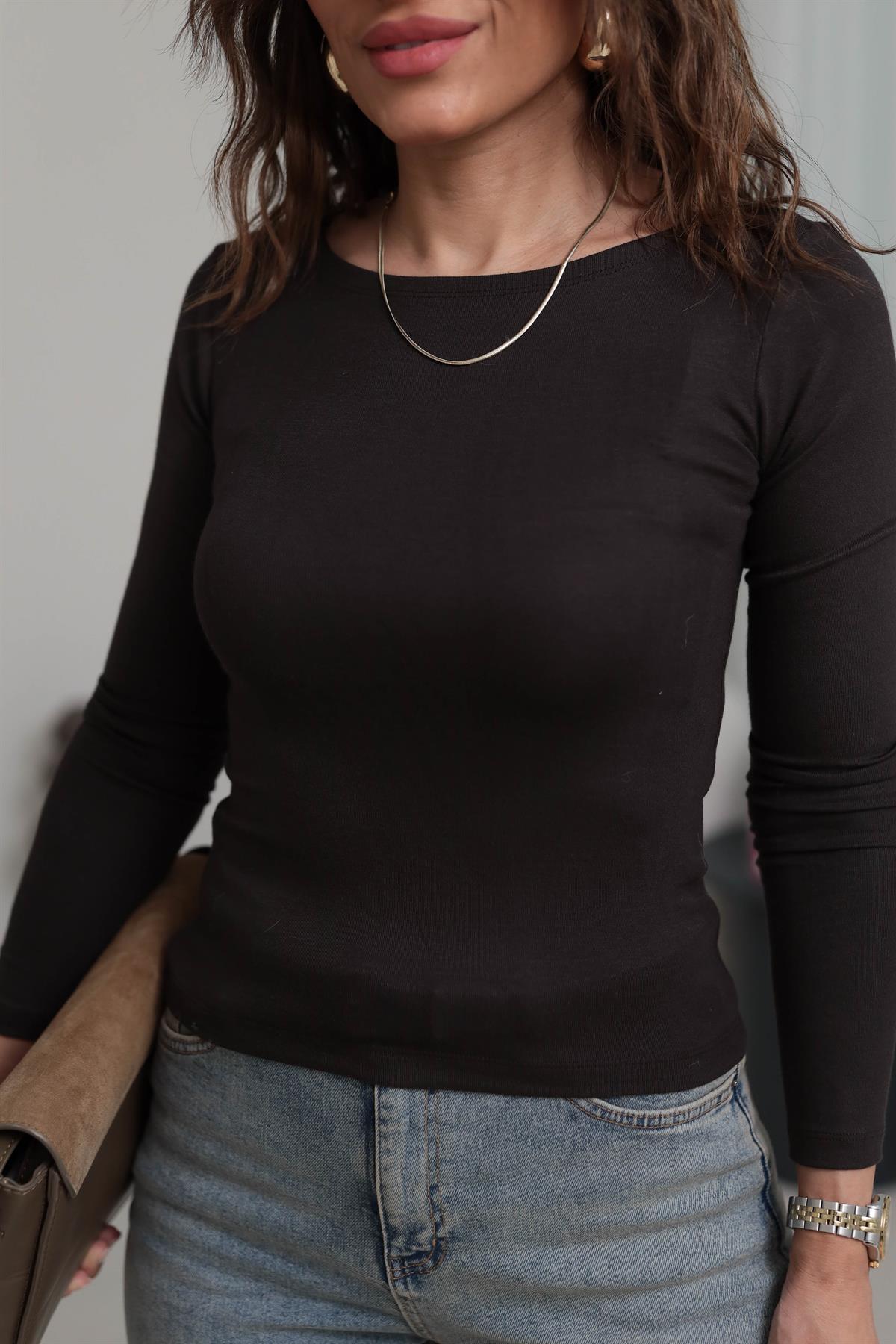 1025 Geniş Yaka Modal Bluz ACI KAHVE