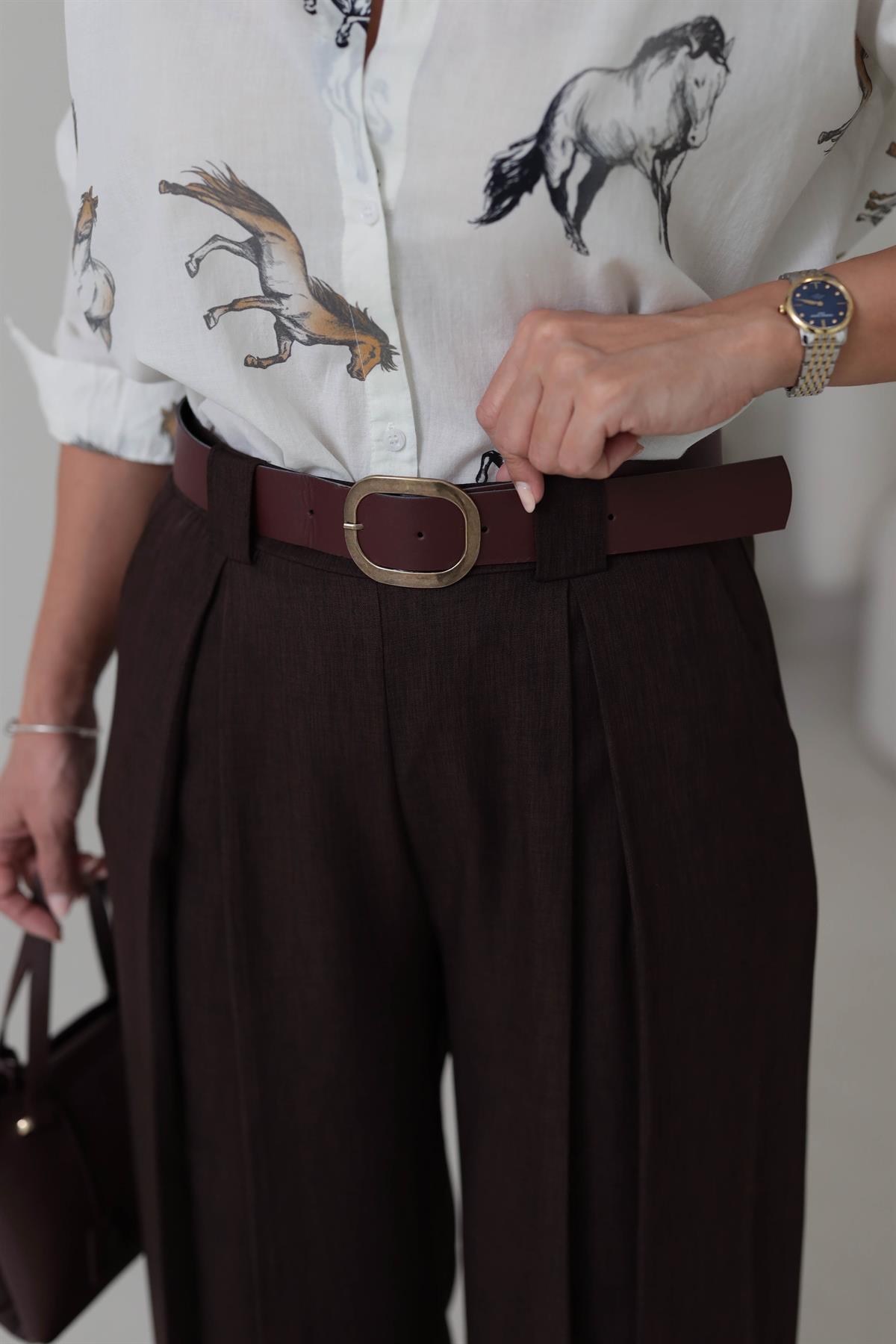 2569 Arka Bel Lastikli Kemerli Palazzo Pantolon ACI KAHVE