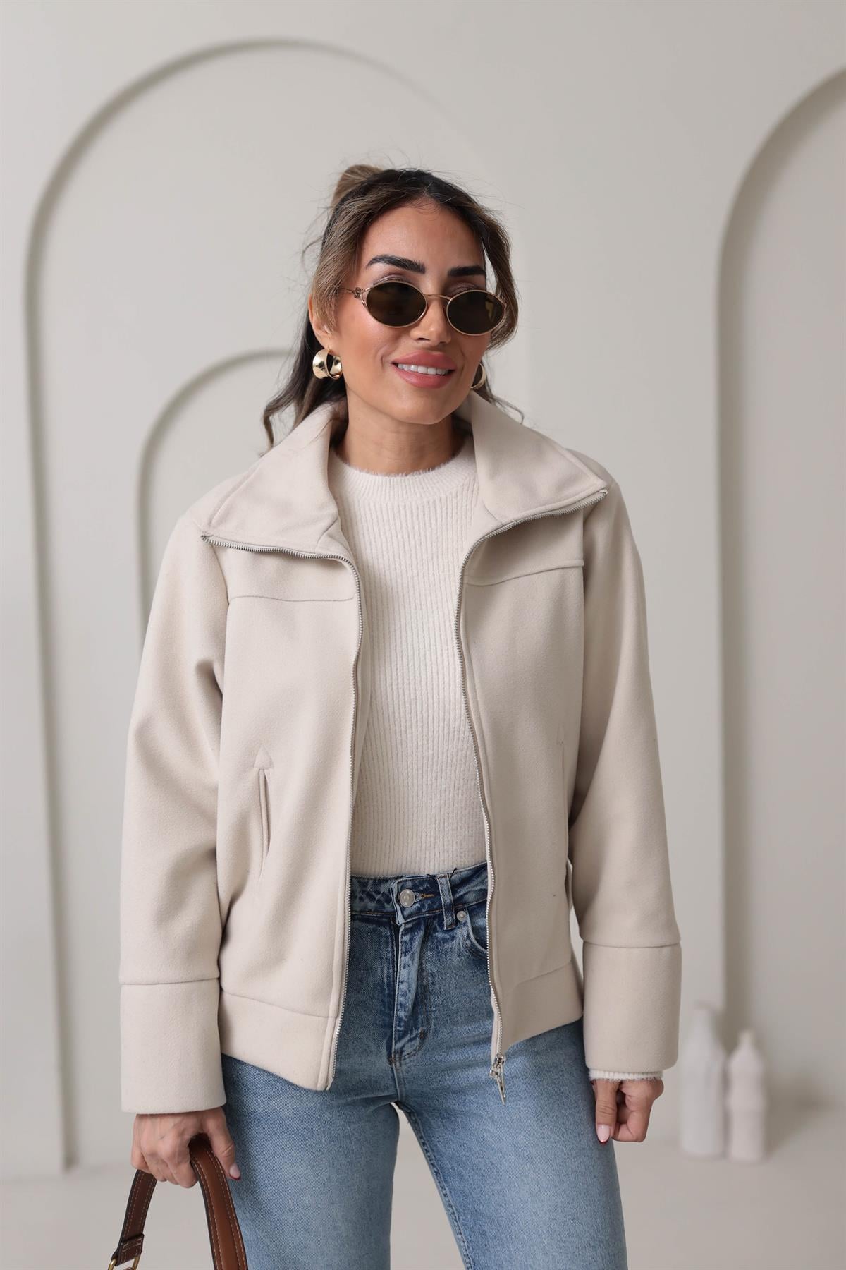 9567 Fermuarlı Kaşe Mont TAŞ