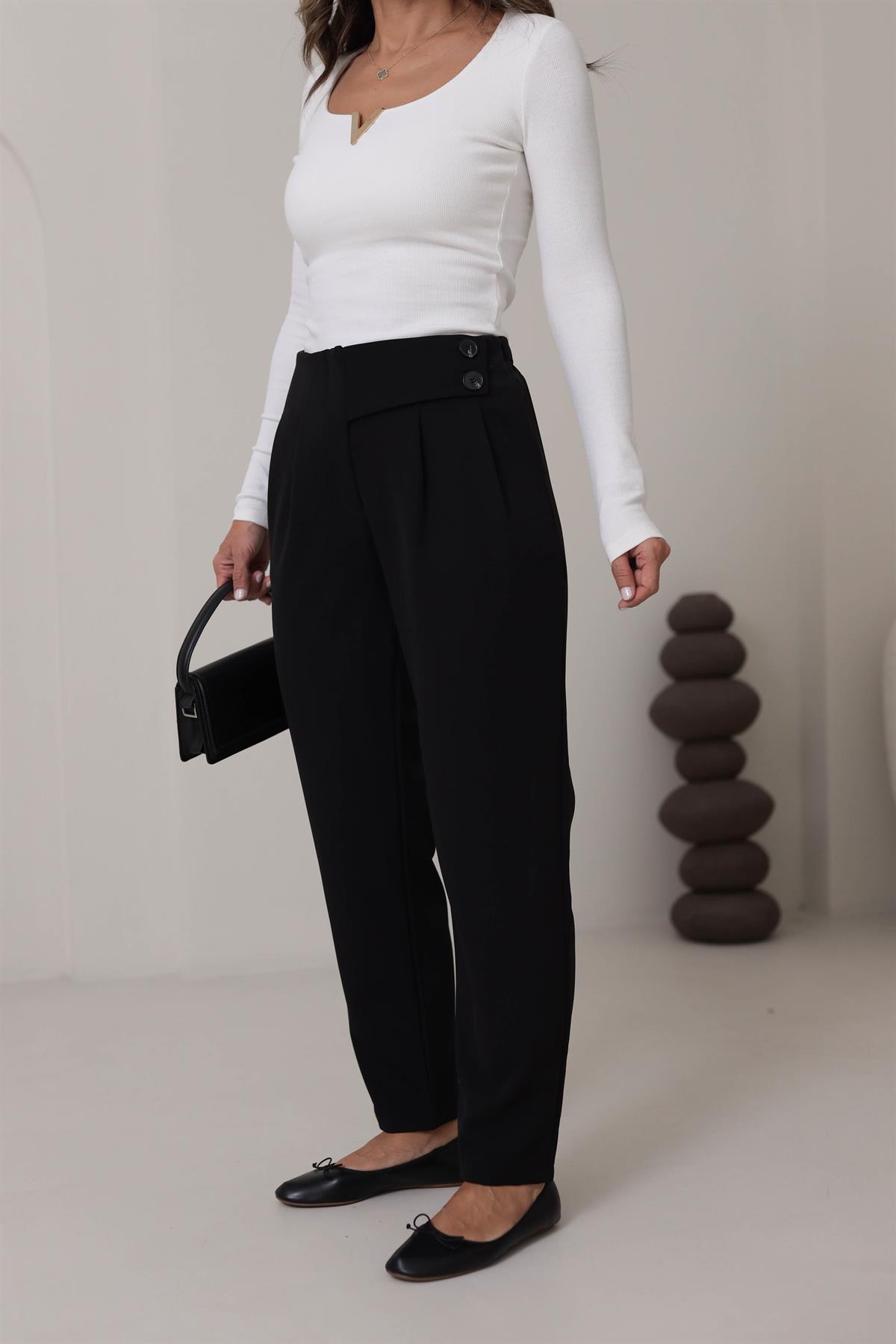 8356 Arka Bel Lastikli Düğme Detaylı Pantolon