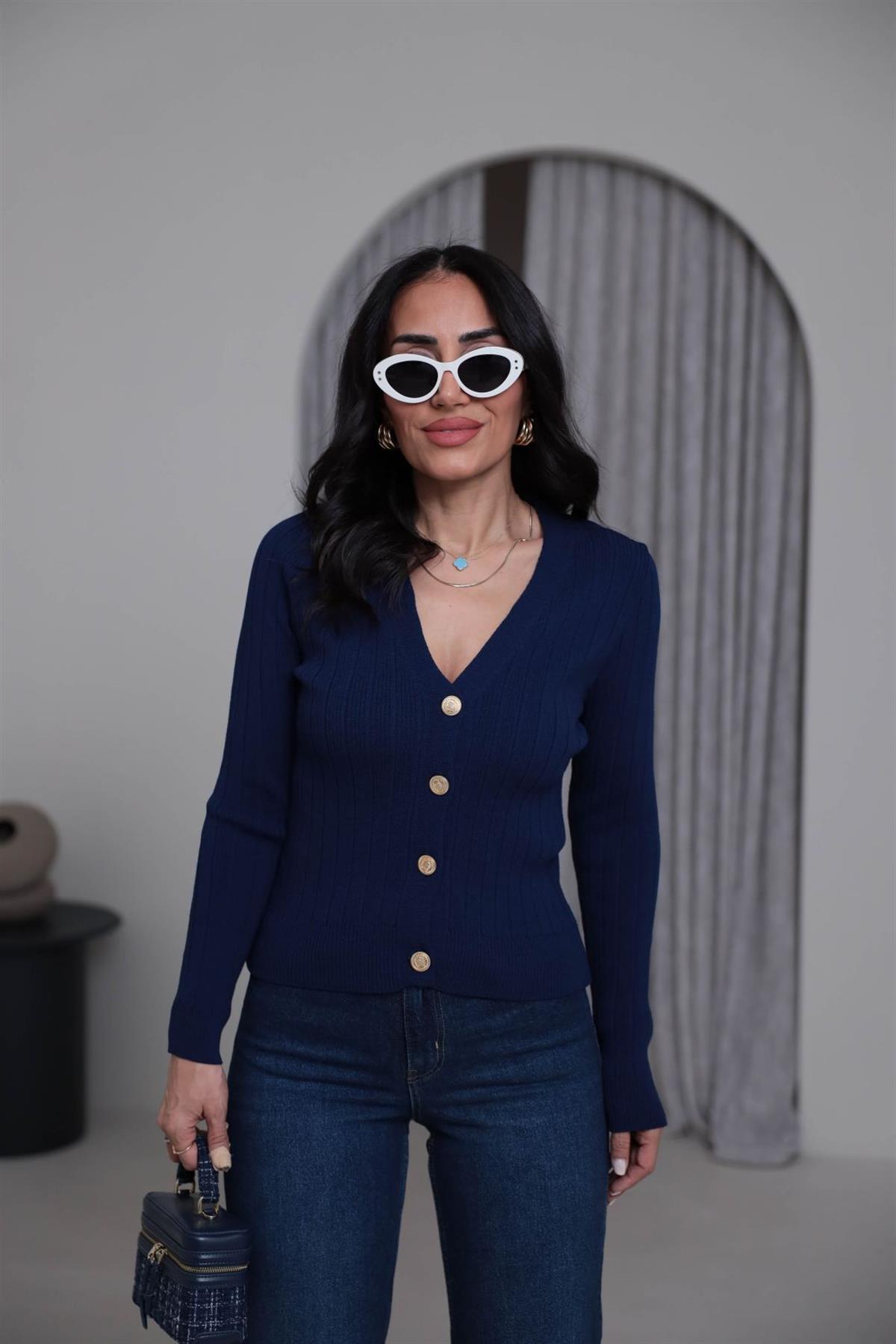 4883 Gold Düğmeli V Yaka Triko Hırka LACİVERT